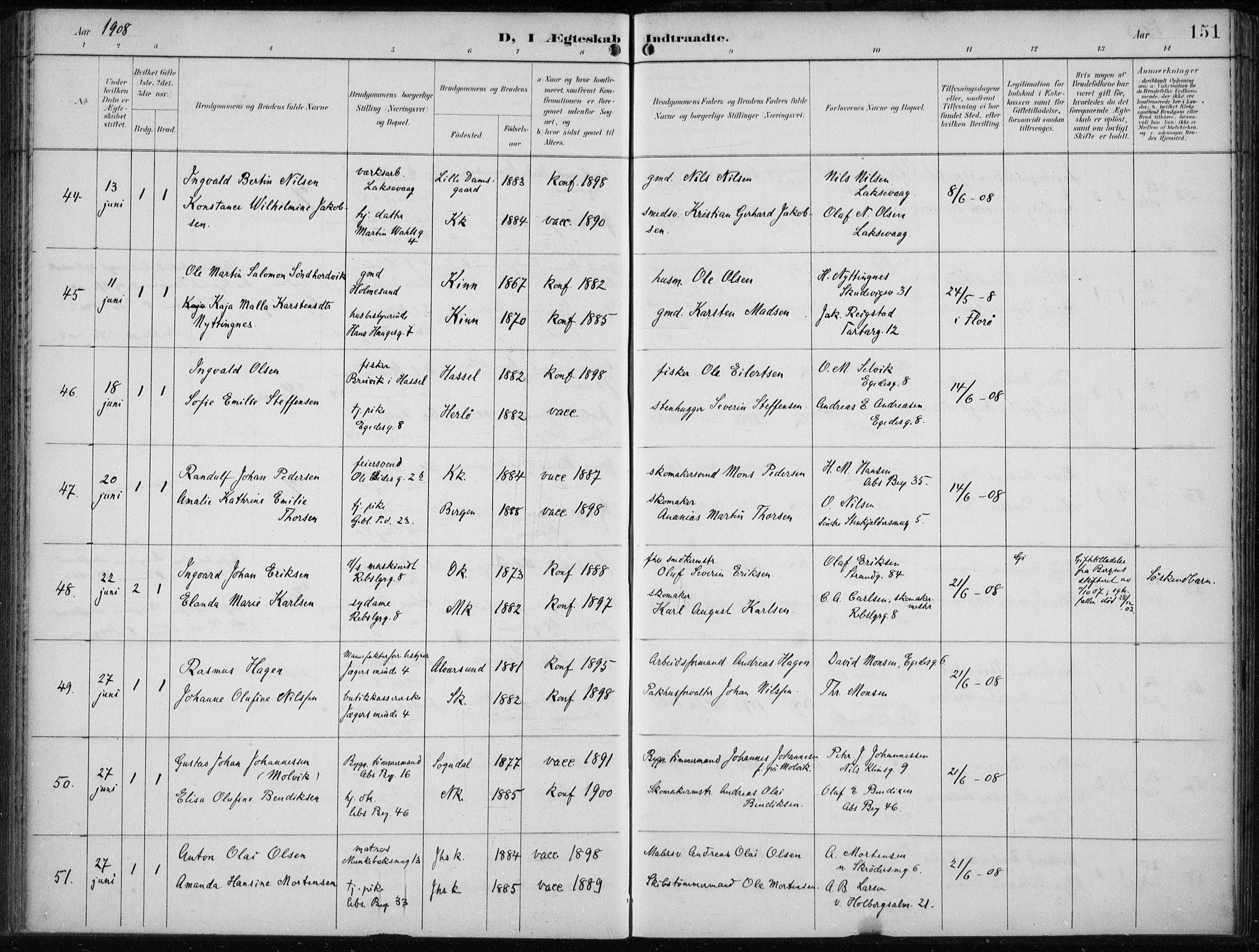 Sandviken Sokneprestembete, AV/SAB-A-77601/H/Ha/L0014: Parish register (official) no. D 1, 1896-1911, p. 151