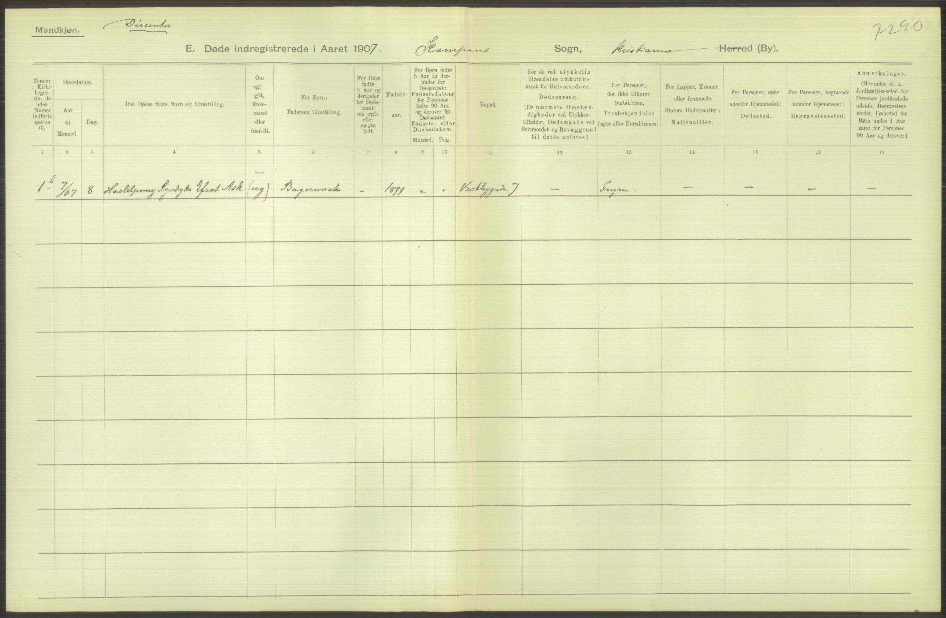 Statistisk sentralbyrå, Sosiodemografiske emner, Befolkning, AV/RA-S-2228/D/Df/Dfa/Dfae/L0010: Kristiania: Døde, dødfødte, 1907, p. 370