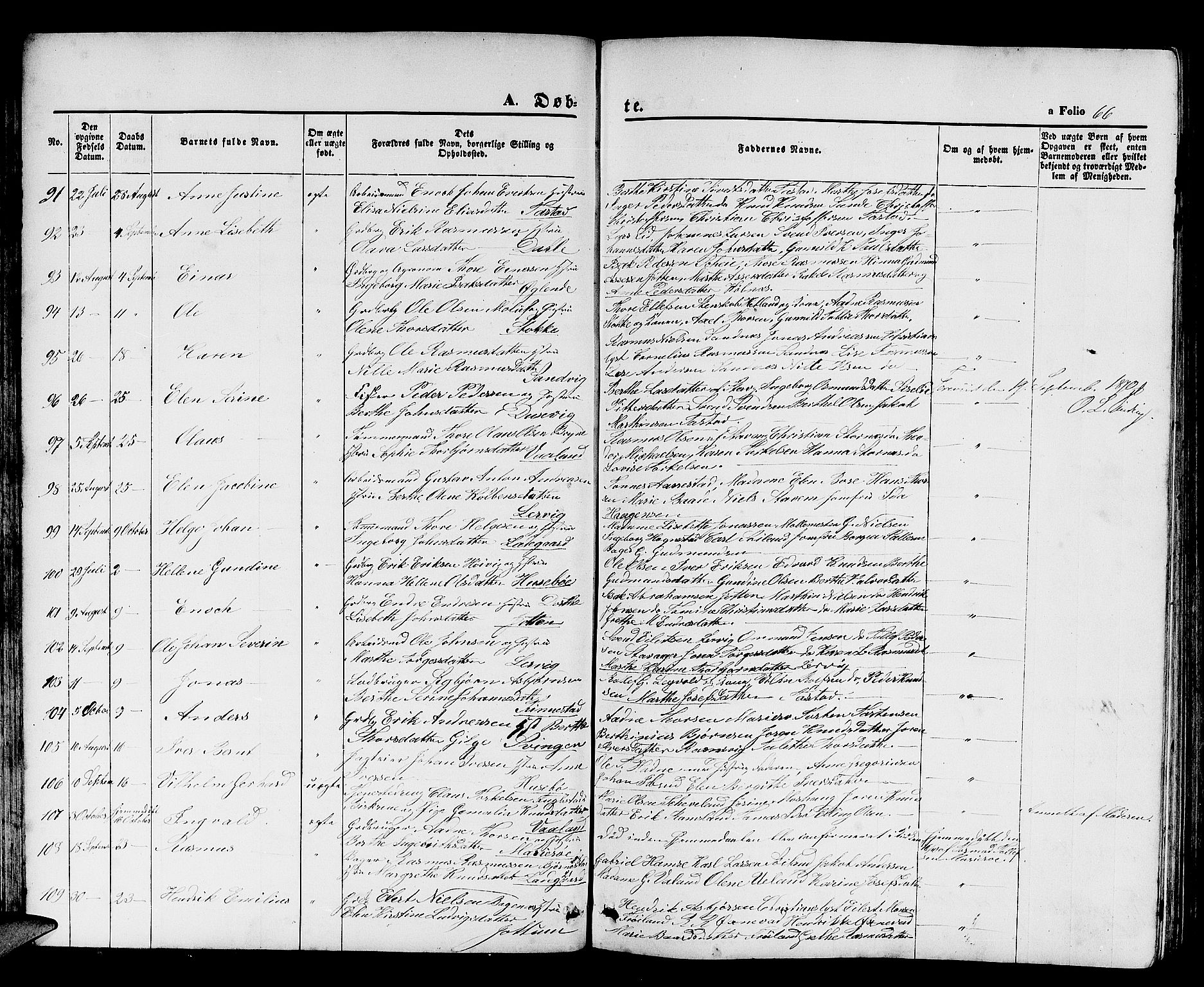 Hetland sokneprestkontor, SAST/A-101826/30/30BB/L0003: Parish register (copy) no. B 3, 1863-1877, p. 66