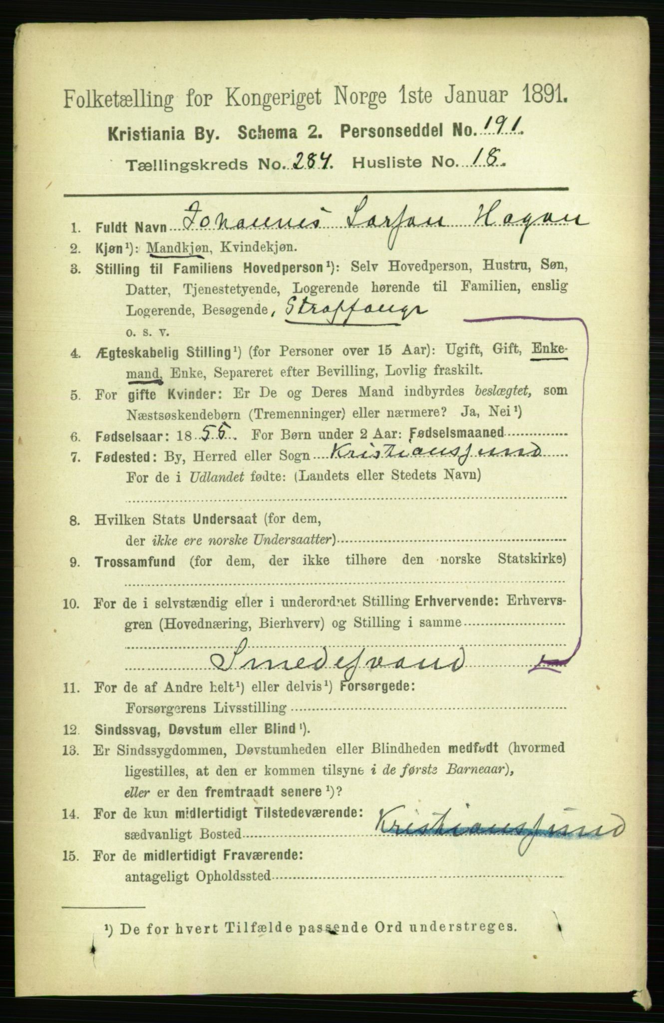 RA, 1891 census for 0301 Kristiania, 1891, p. 174019