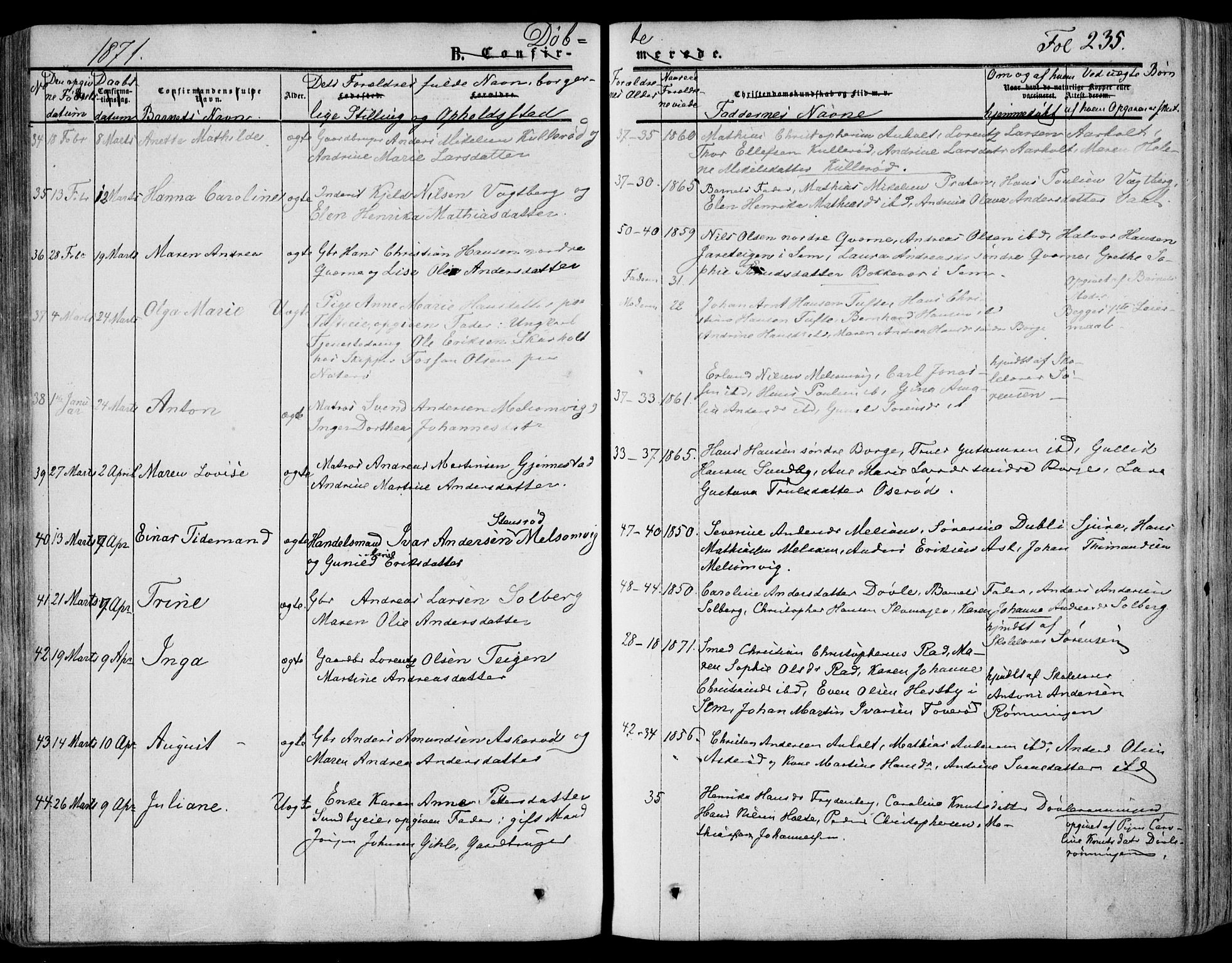 Stokke kirkebøker, AV/SAKO-A-320/F/Fa/L0008: Parish register (official) no. I 8, 1858-1871, p. 235