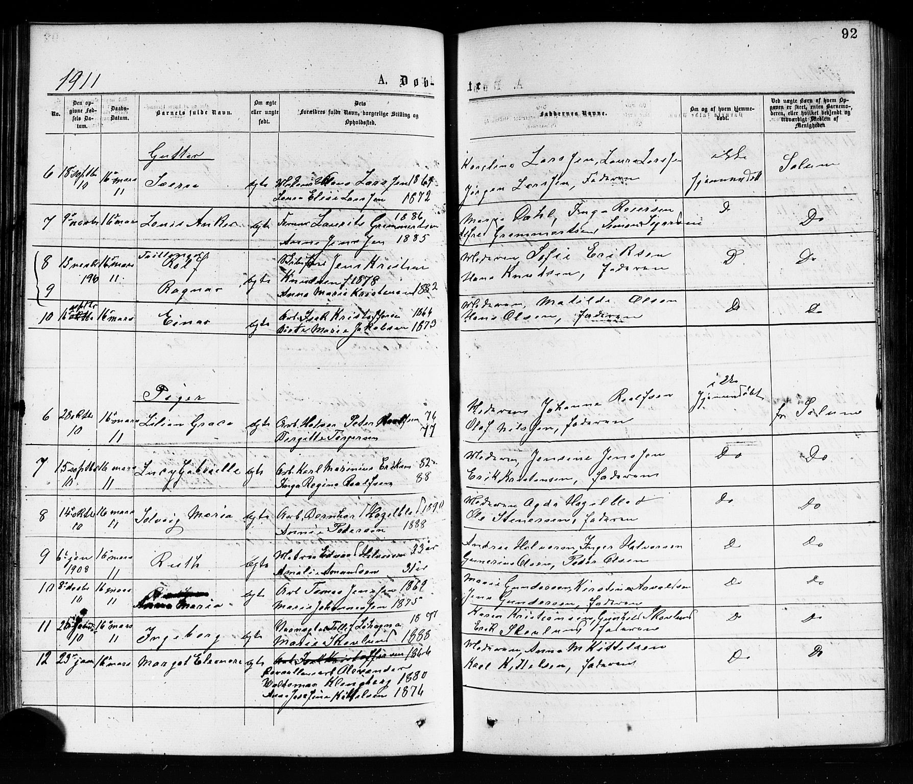 Porsgrunn kirkebøker , SAKO/A-104/G/Ga/L0003: Parish register (copy) no. I 3, 1877-1915, p. 92
