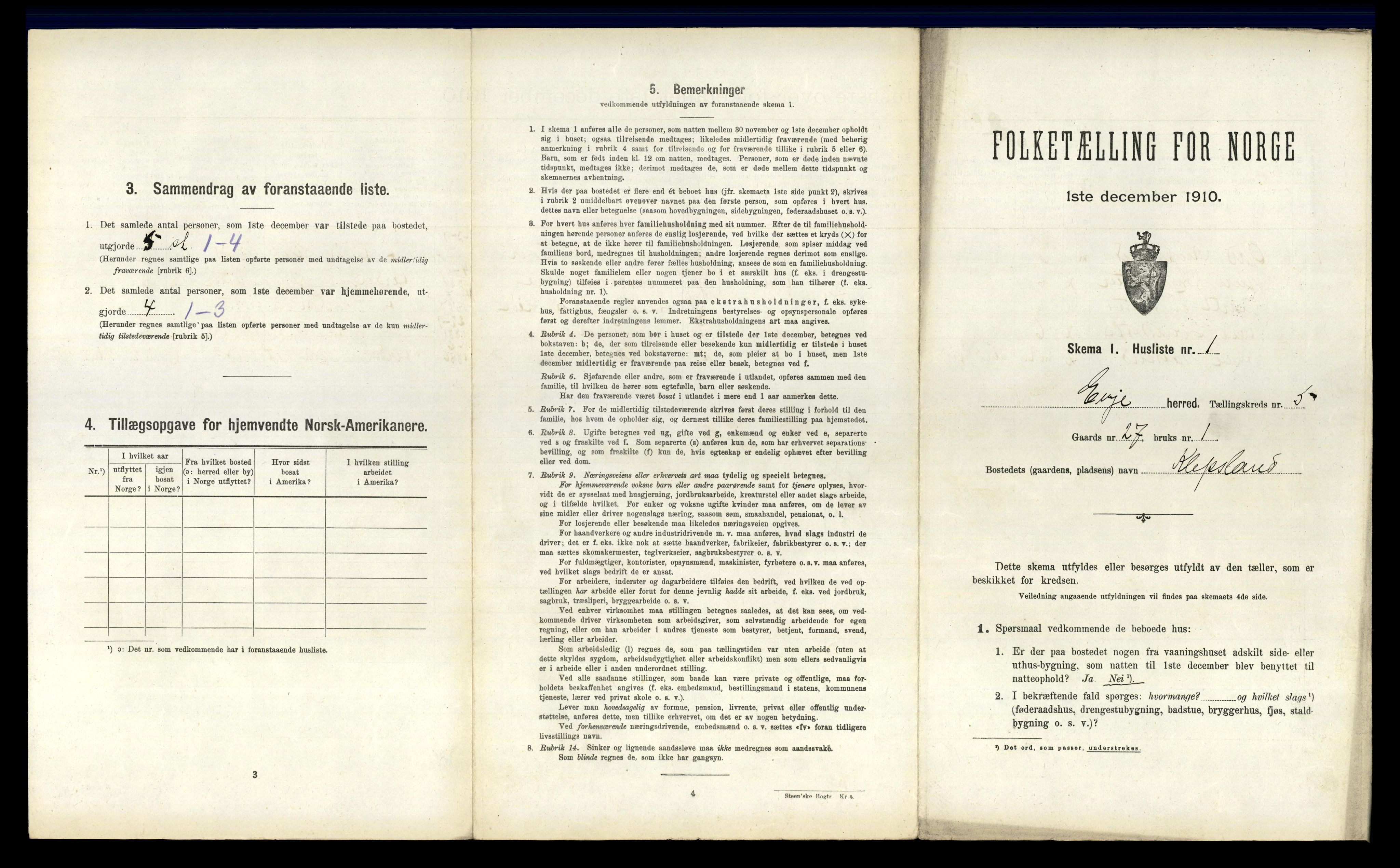 RA, 1910 census for Evje, 1910, p. 176