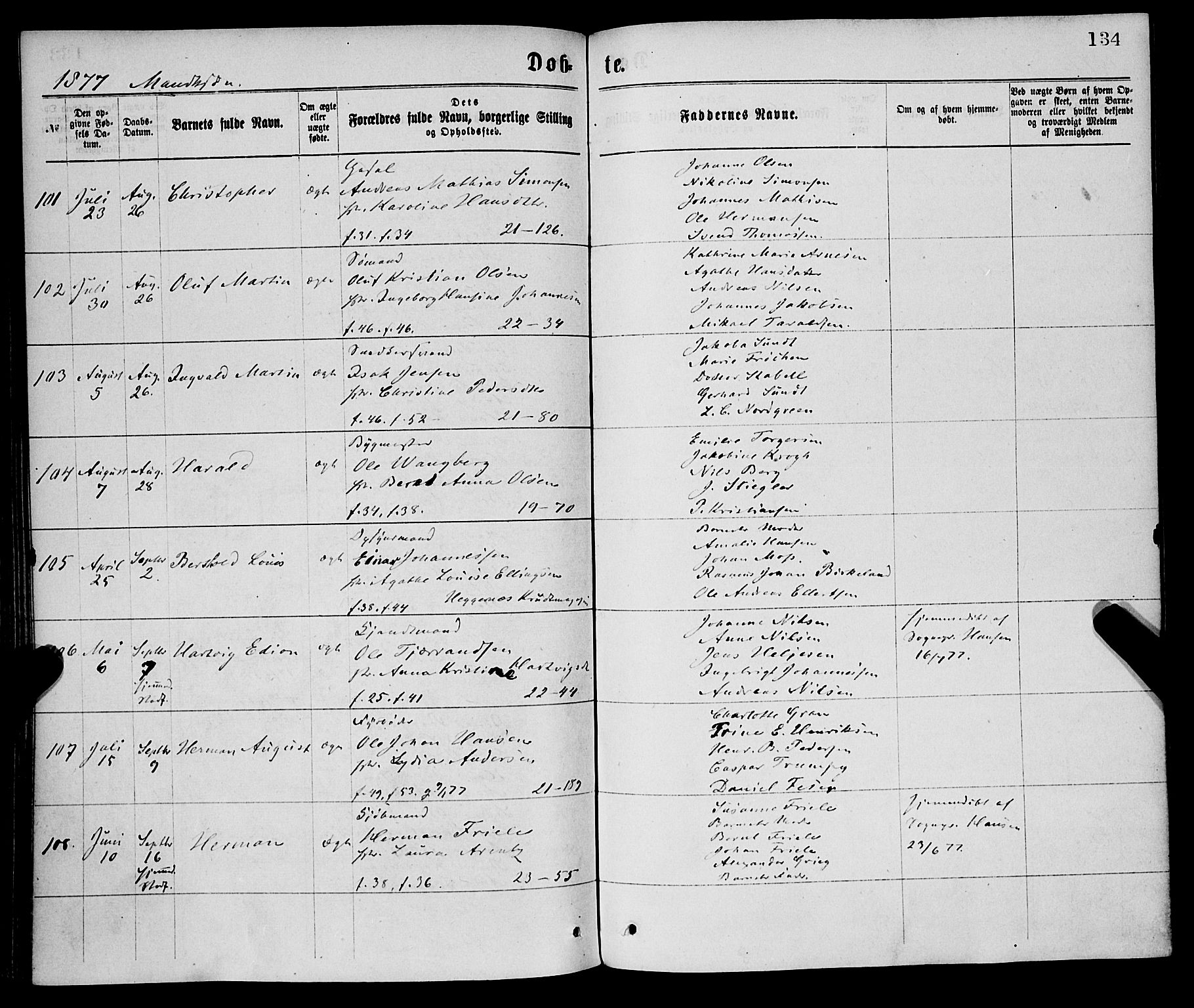 Korskirken sokneprestembete, SAB/A-76101/H/Haa/L0020: Parish register (official) no. B 6, 1871-1878, p. 134