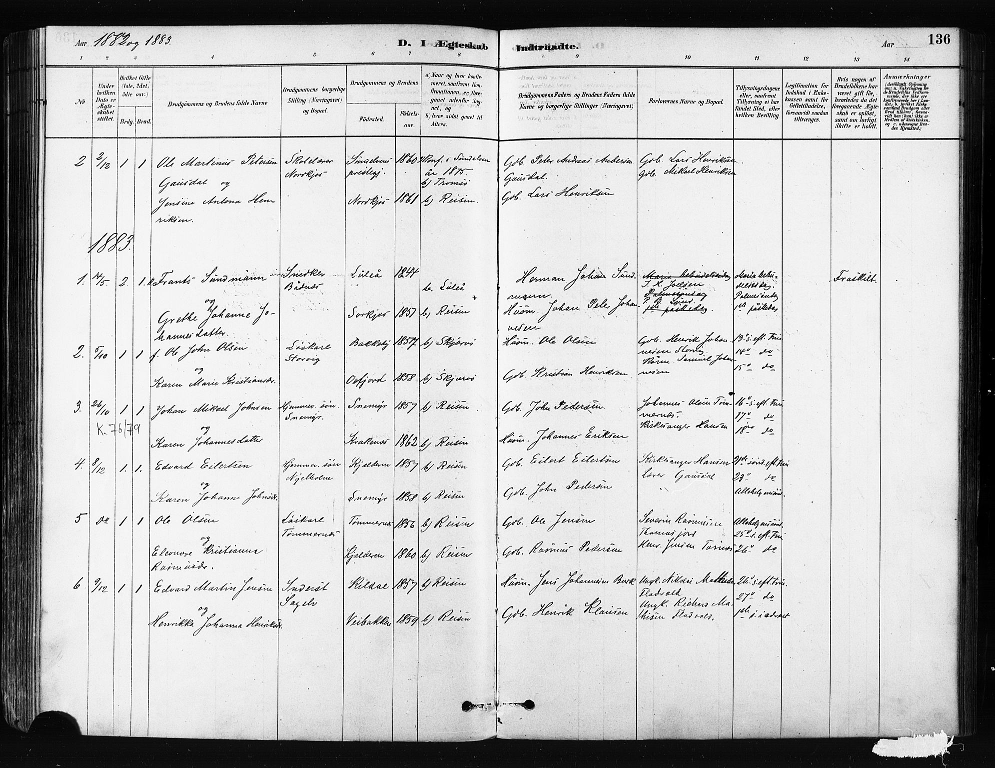 Skjervøy sokneprestkontor, SATØ/S-1300/H/Ha/Haa/L0014kirke: Parish register (official) no. 14, 1878-1894, p. 136