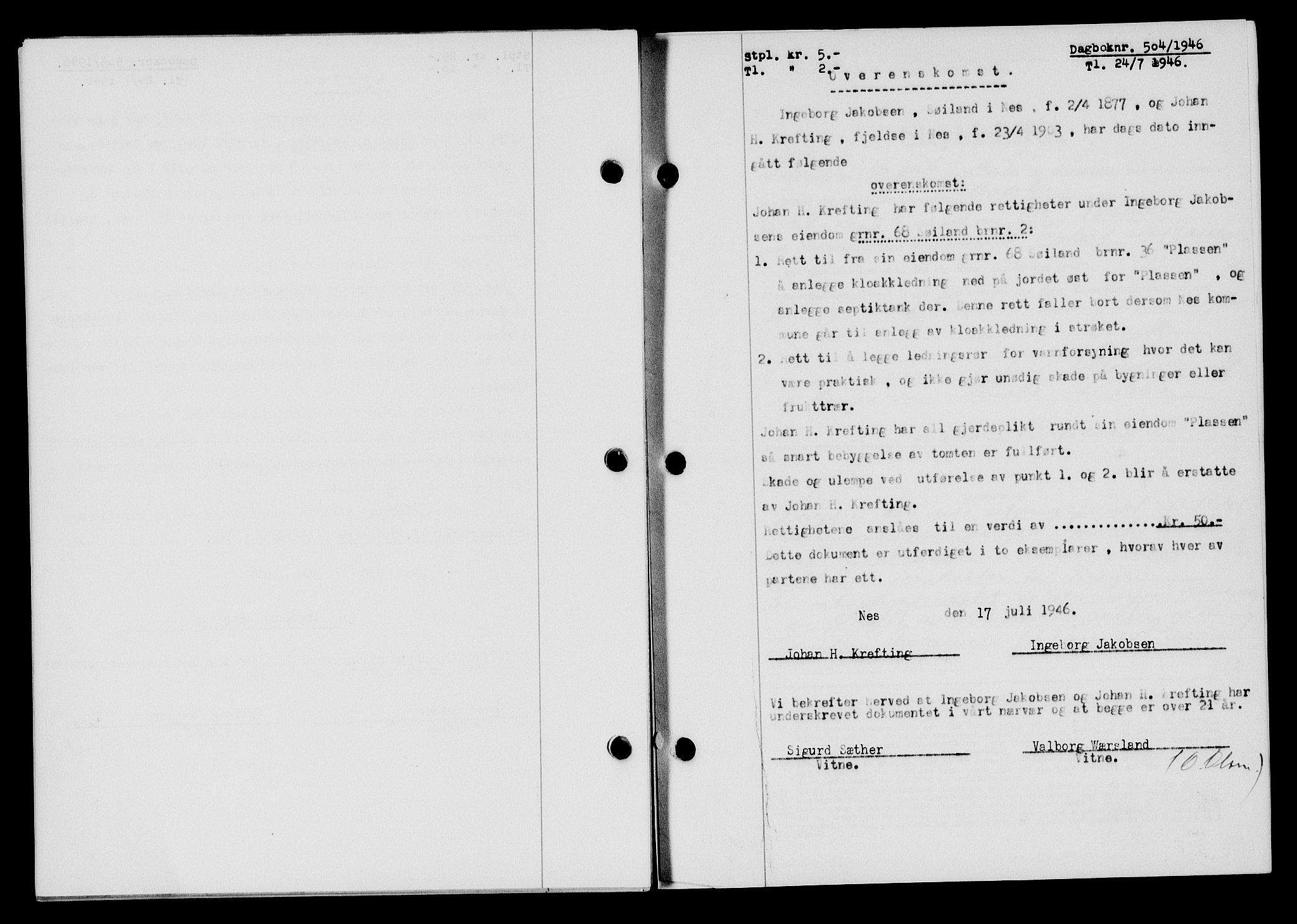 Flekkefjord sorenskriveri, SAK/1221-0001/G/Gb/Gba/L0060: Mortgage book no. A-8, 1945-1946, Diary no: : 504/1946