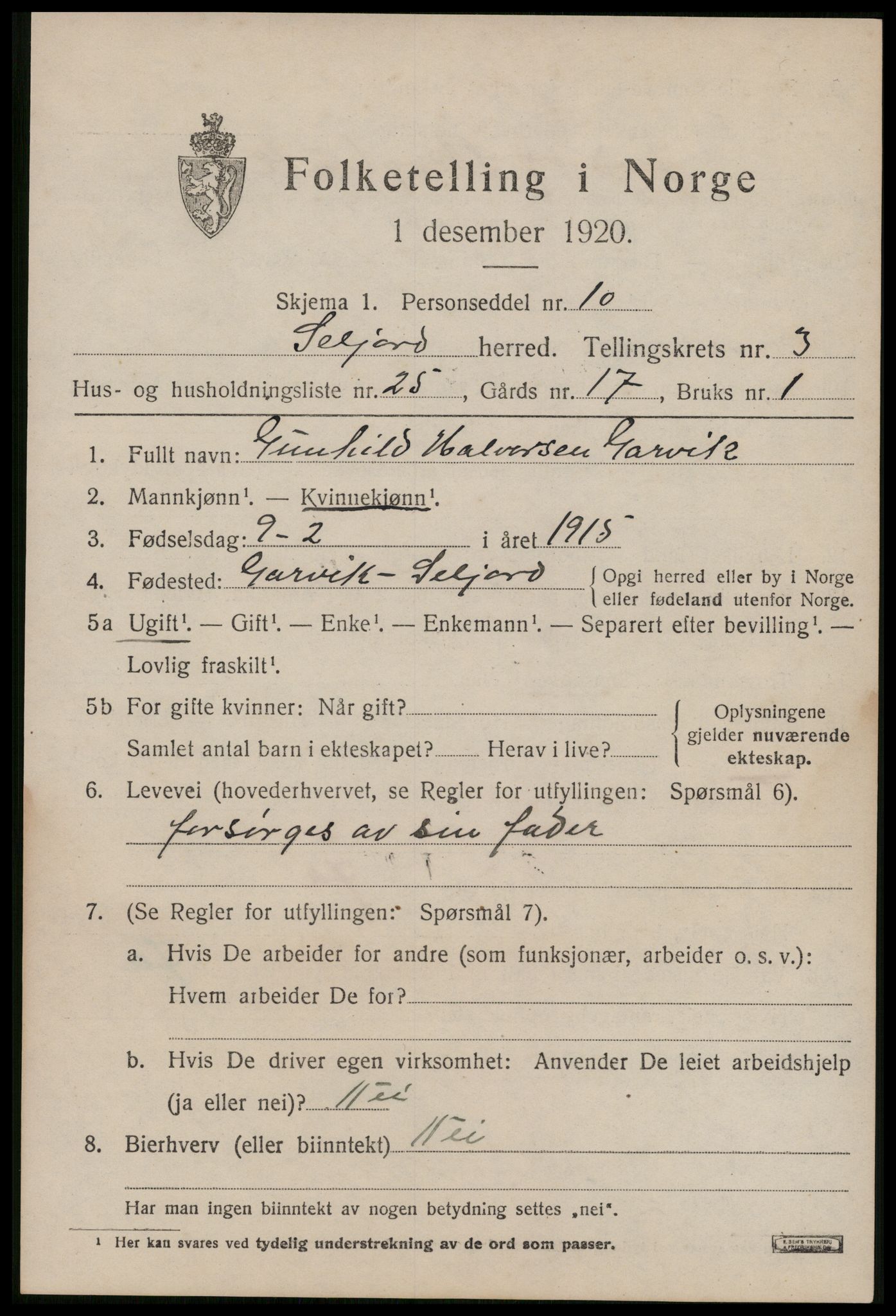 SAKO, 1920 census for Seljord, 1920, p. 2084