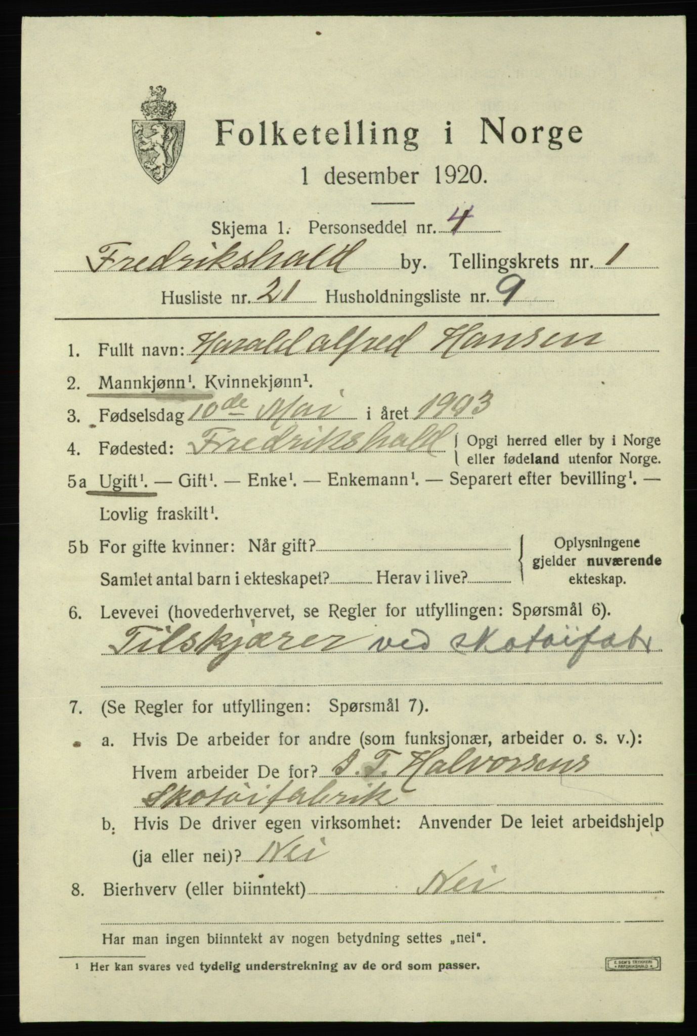 SAO, 1920 census for Fredrikshald, 1920, p. 8456