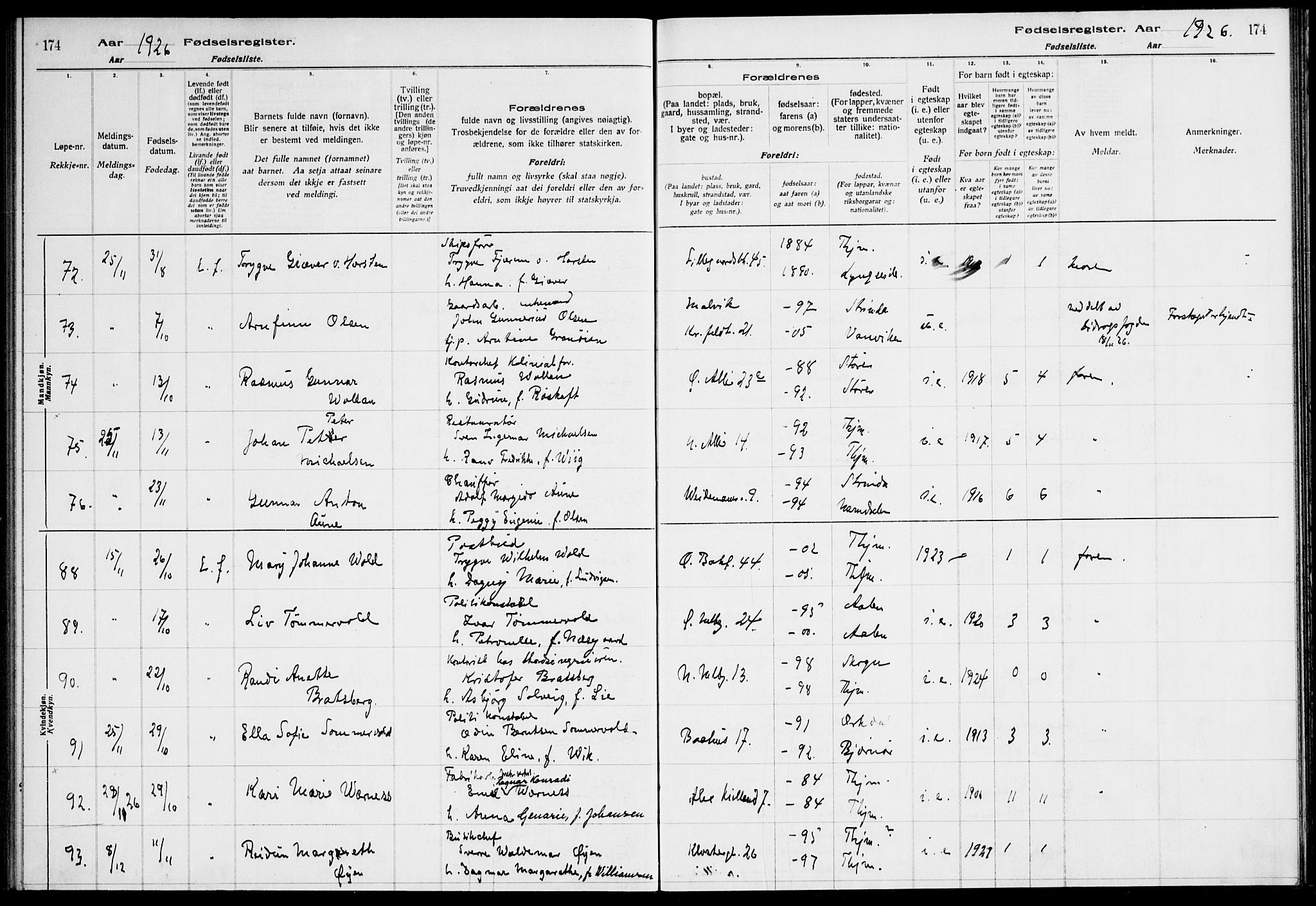 Ministerialprotokoller, klokkerbøker og fødselsregistre - Sør-Trøndelag, AV/SAT-A-1456/604/L0233: Birth register no. 604.II.4.2, 1920-1928, p. 174