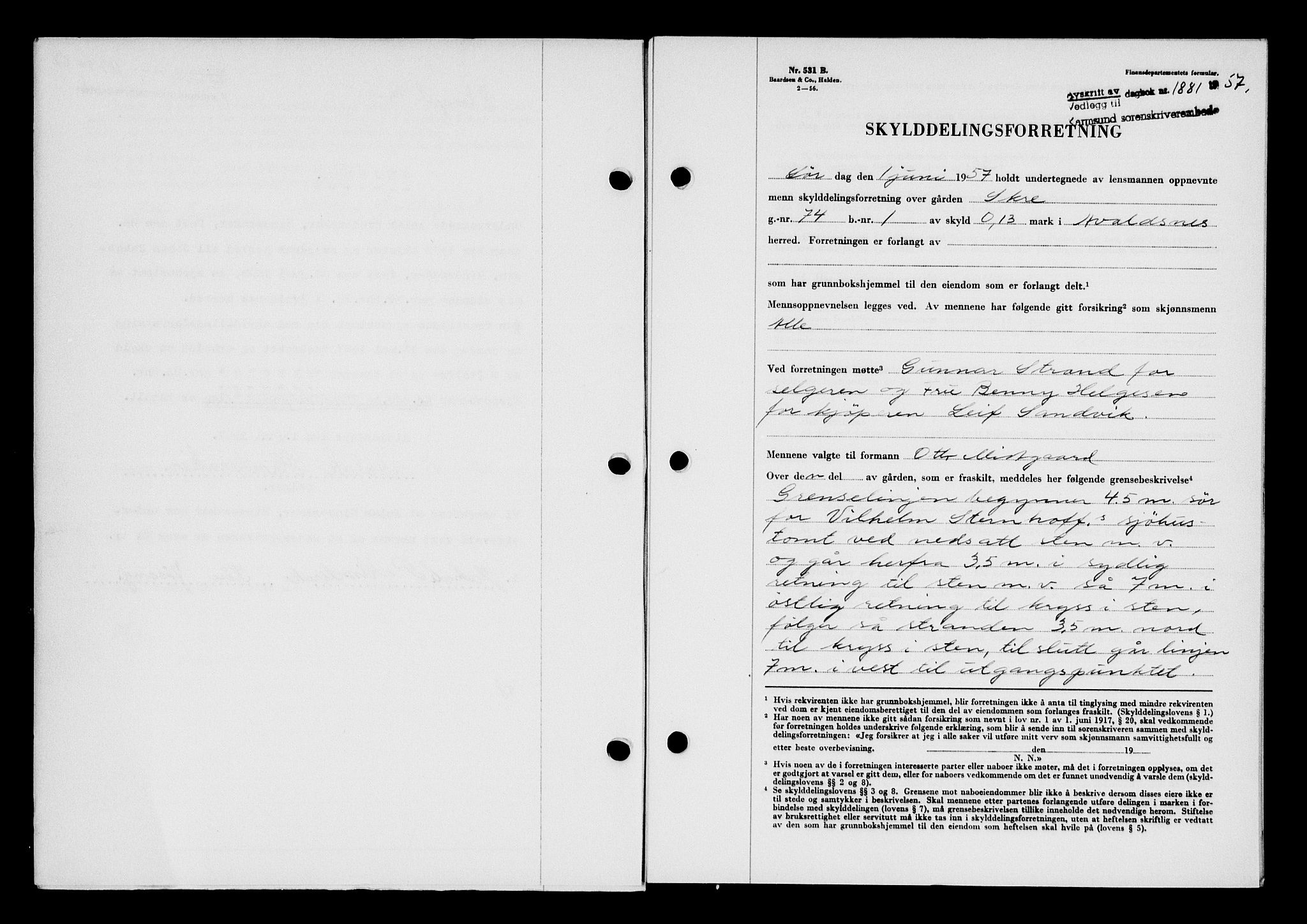 Karmsund sorenskriveri, AV/SAST-A-100311/01/II/IIB/L0125: Mortgage book no. 105A, 1957-1957, Diary no: : 1881/1957