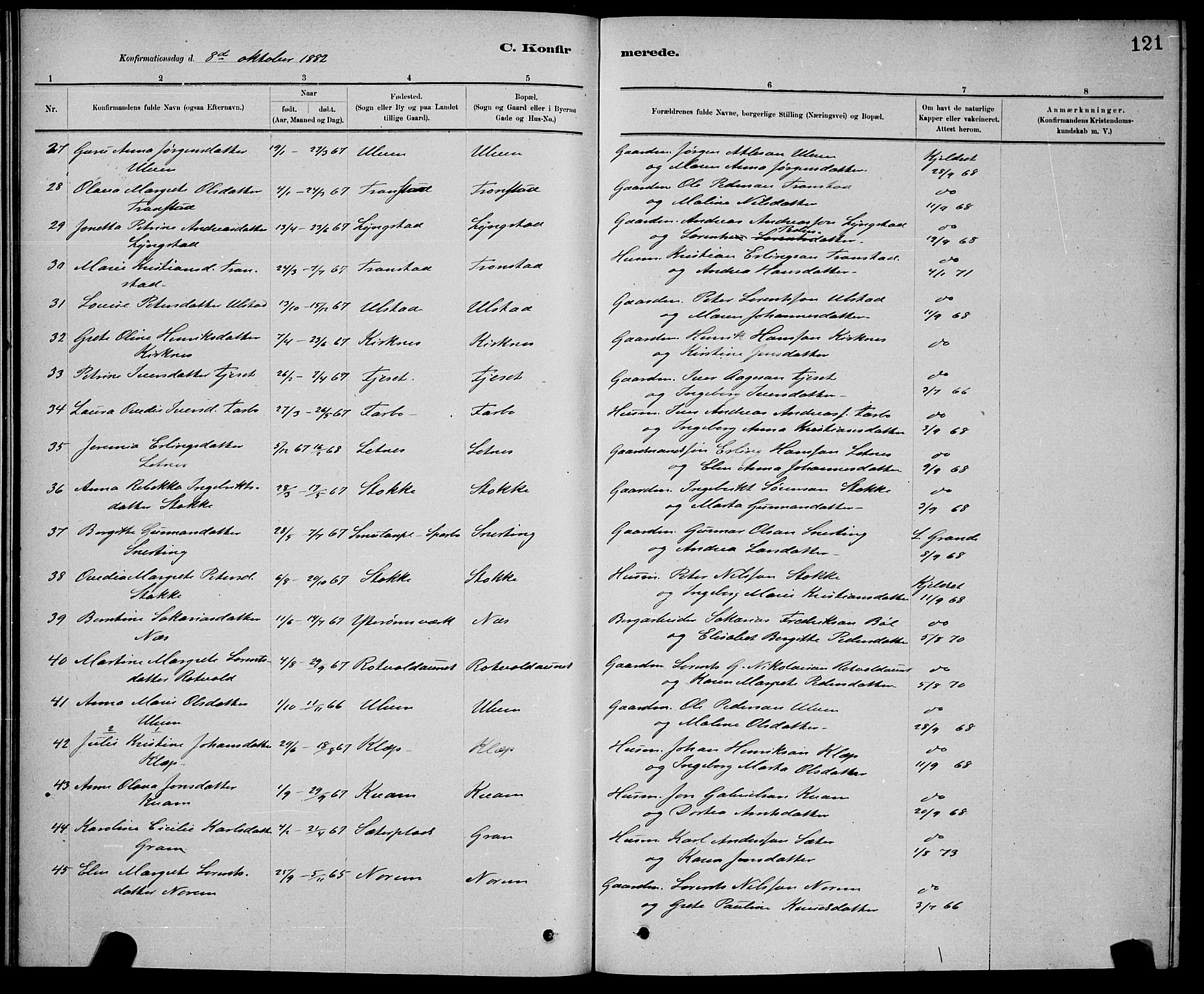 Ministerialprotokoller, klokkerbøker og fødselsregistre - Nord-Trøndelag, AV/SAT-A-1458/730/L0301: Parish register (copy) no. 730C04, 1880-1897, p. 121