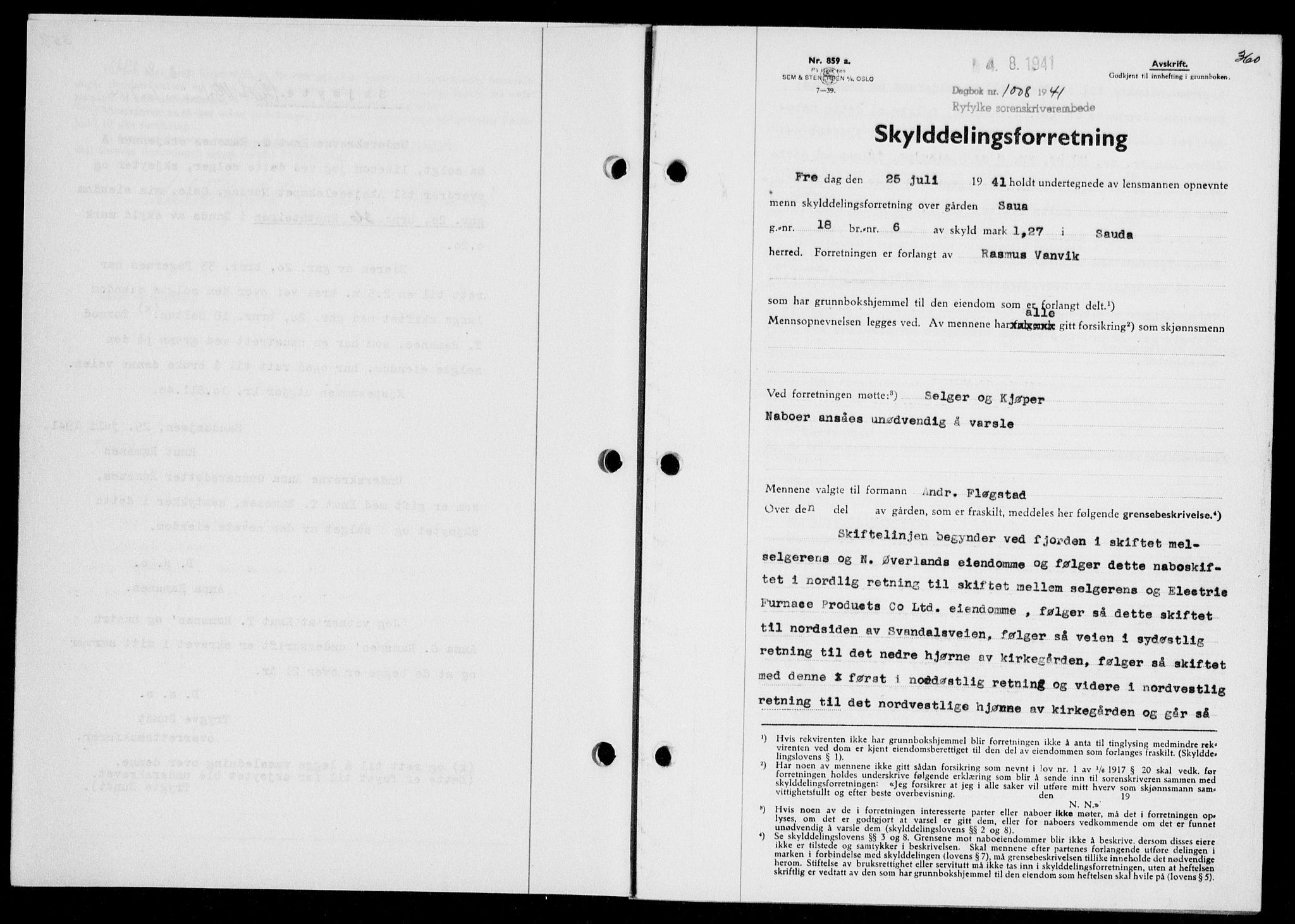 Ryfylke tingrett, SAST/A-100055/001/II/IIB/L0085: Mortgage book no. 64, 1941-1941, Diary no: : 1008/1941