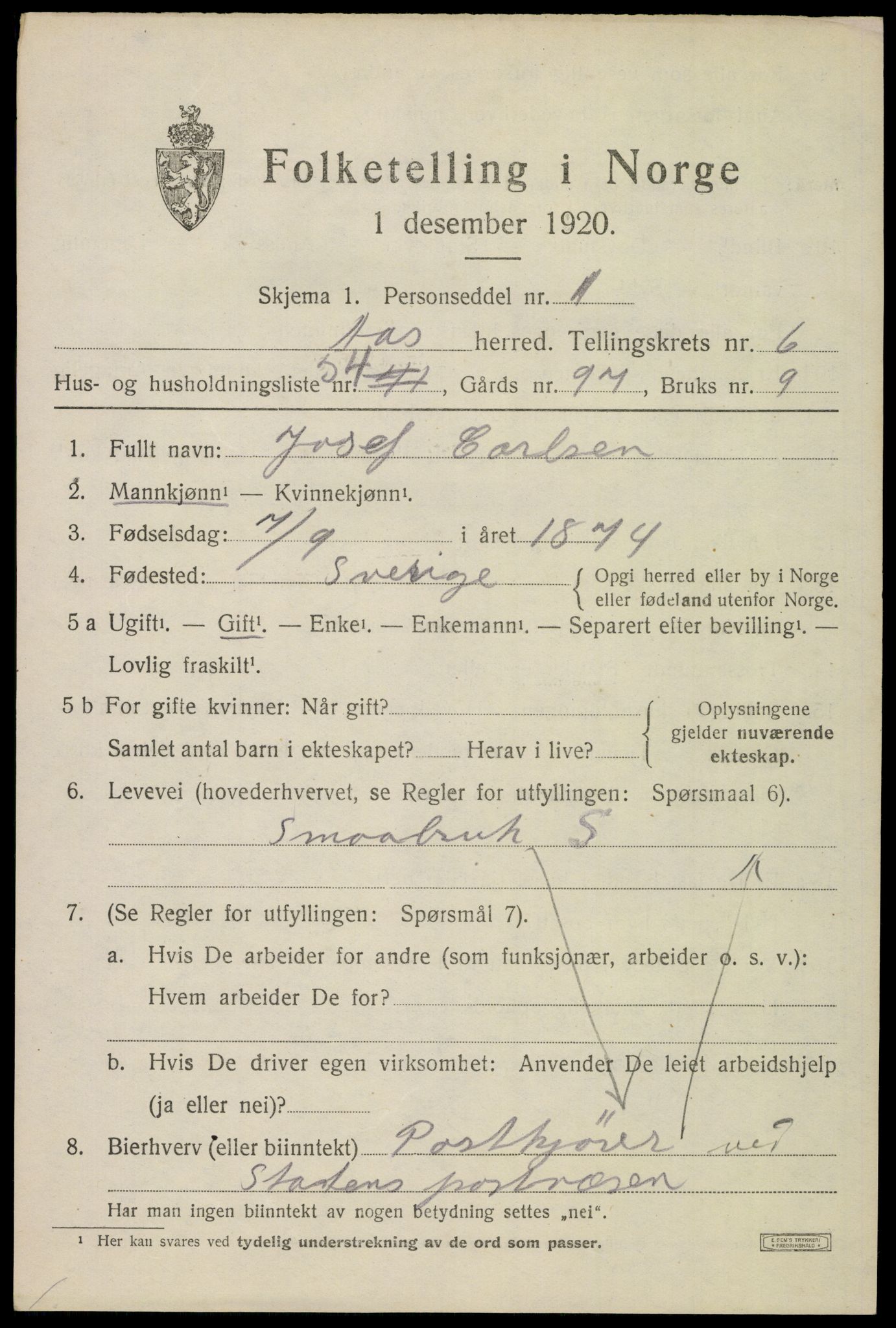 SAO, 1920 census for Ås, 1920, p. 7412