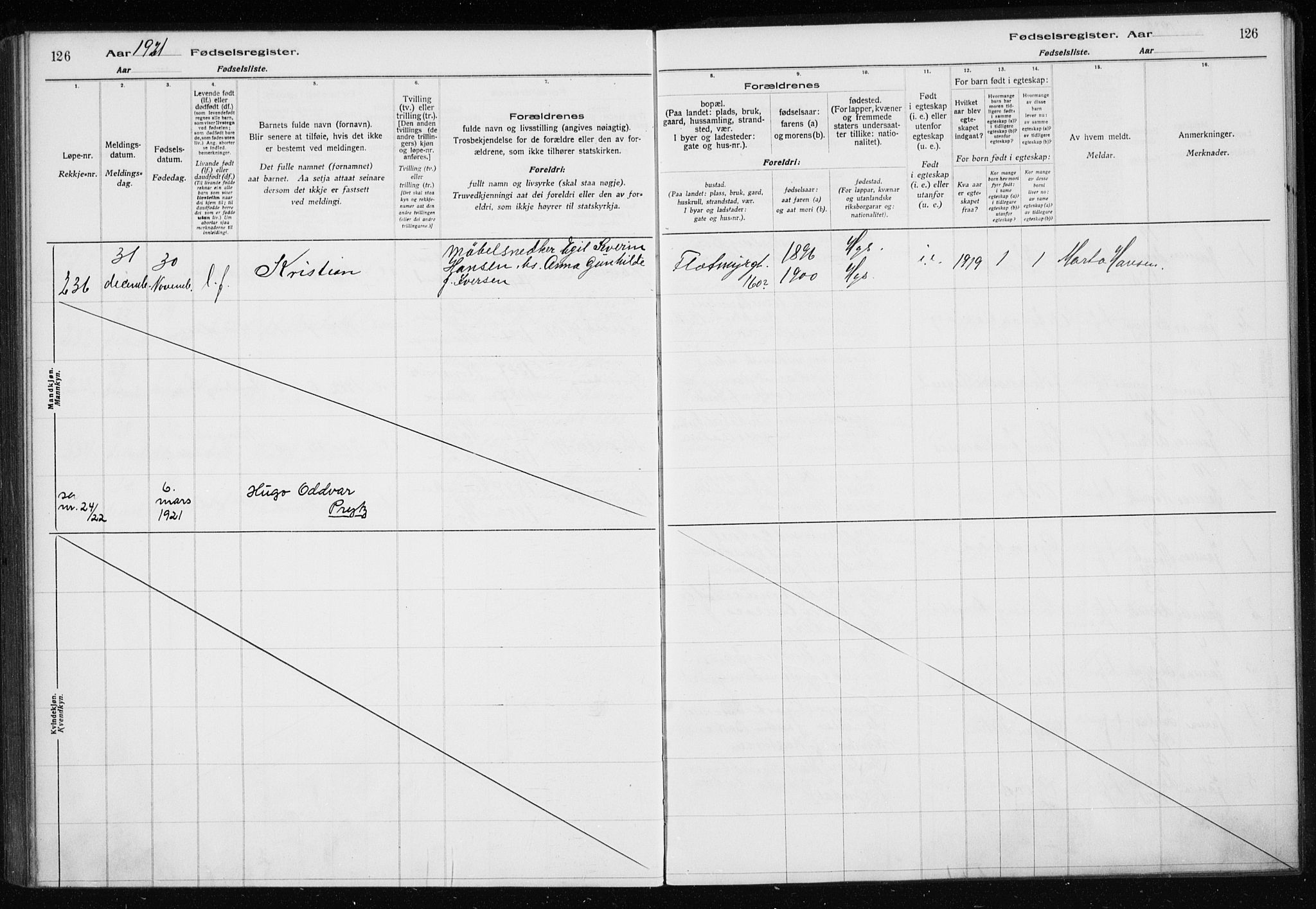 Haugesund sokneprestkontor, AV/SAST-A -101863/I/Id/L0004: Birth register no. 2, 1919-1923, p. 126