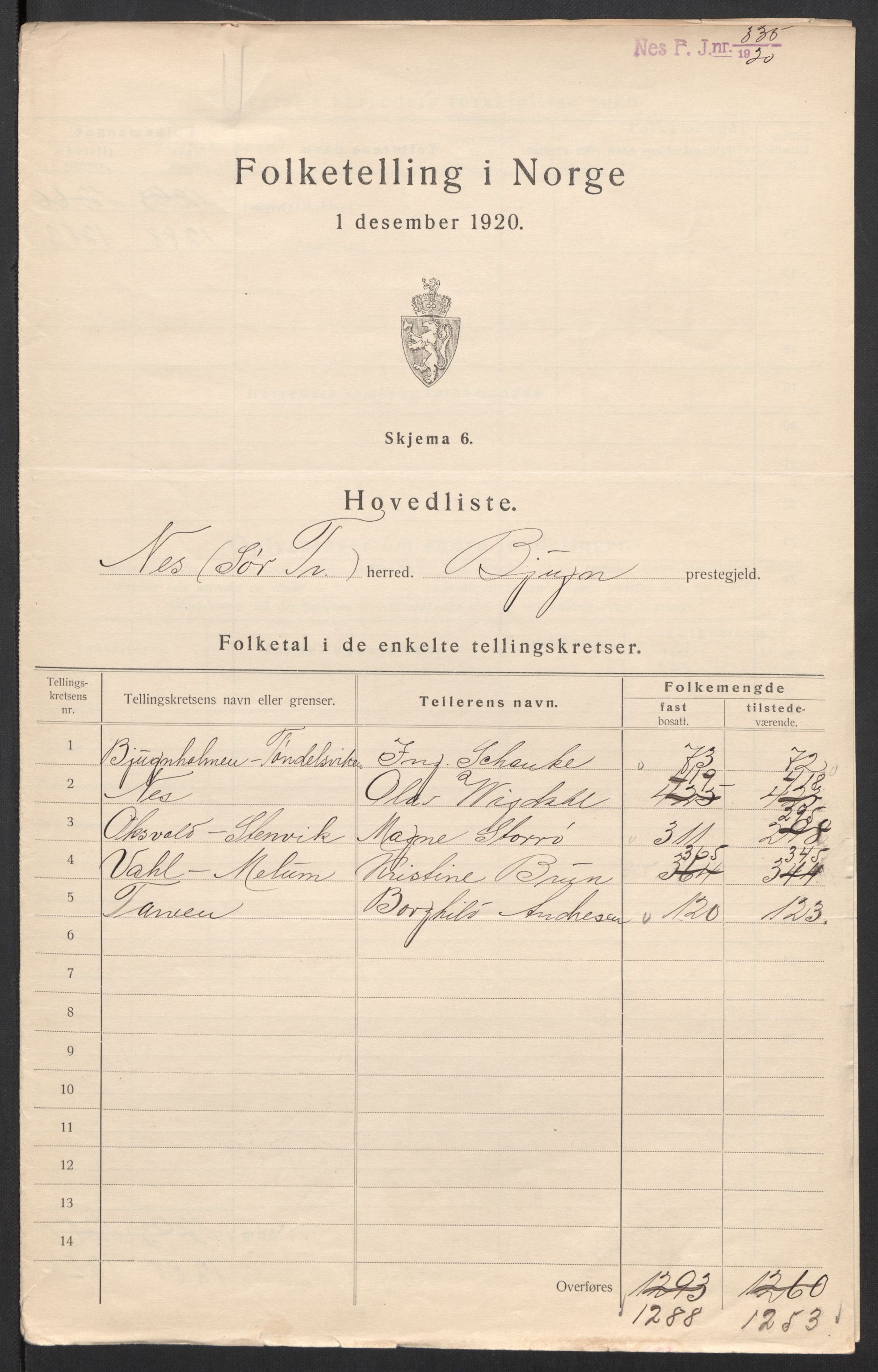 SAT, 1920 census for Nes (ST), 1920, p. 3