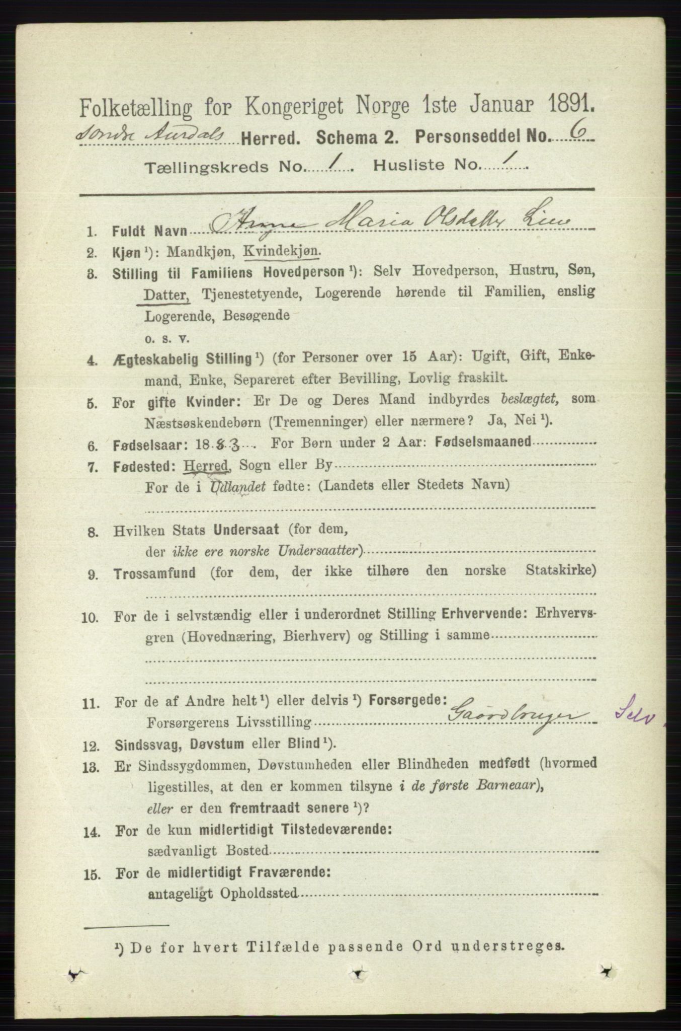 RA, 1891 census for 0540 Sør-Aurdal, 1891, p. 148