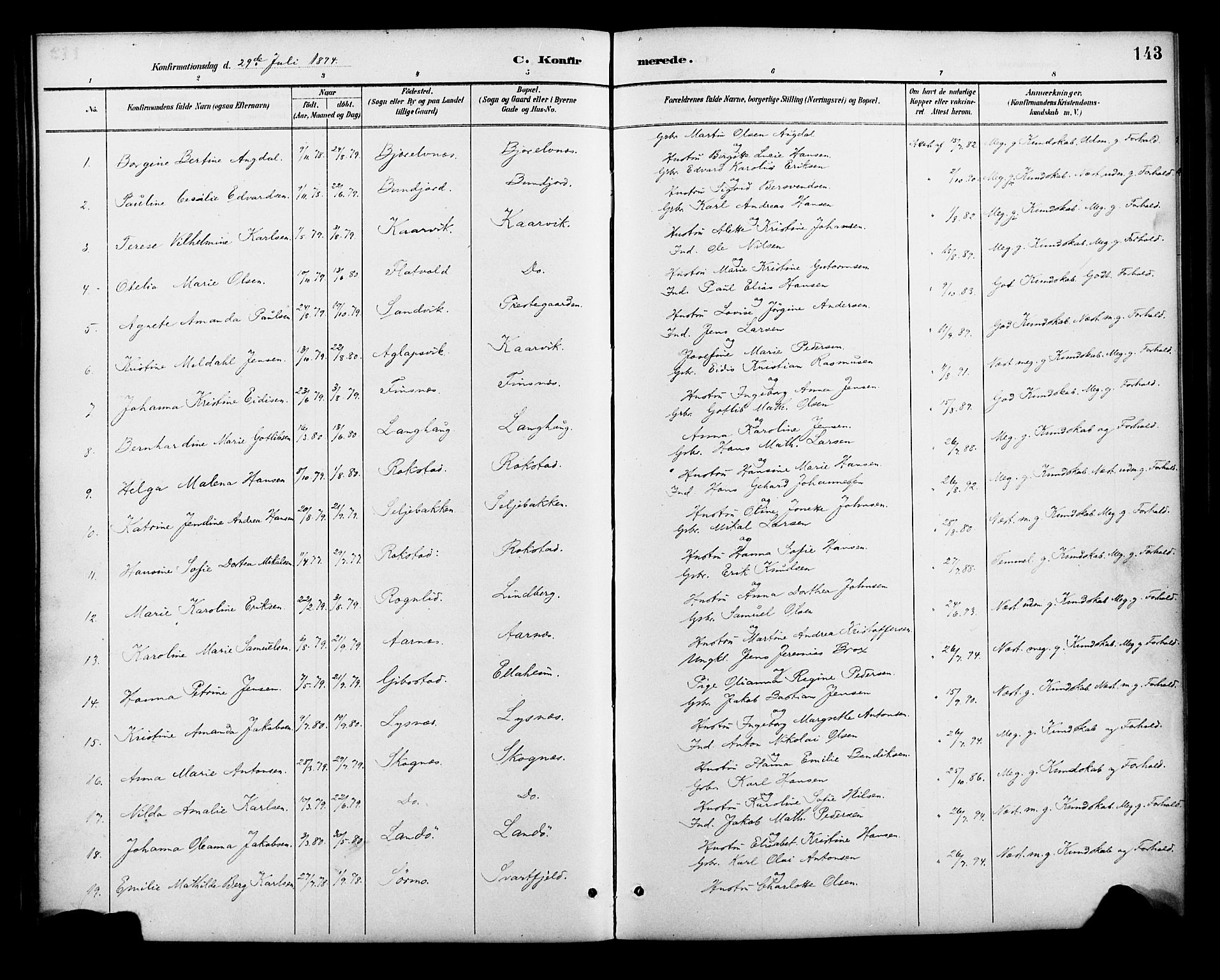 Lenvik sokneprestembete, AV/SATØ-S-1310/H/Ha/Haa/L0013kirke: Parish register (official) no. 13, 1890-1898, p. 143