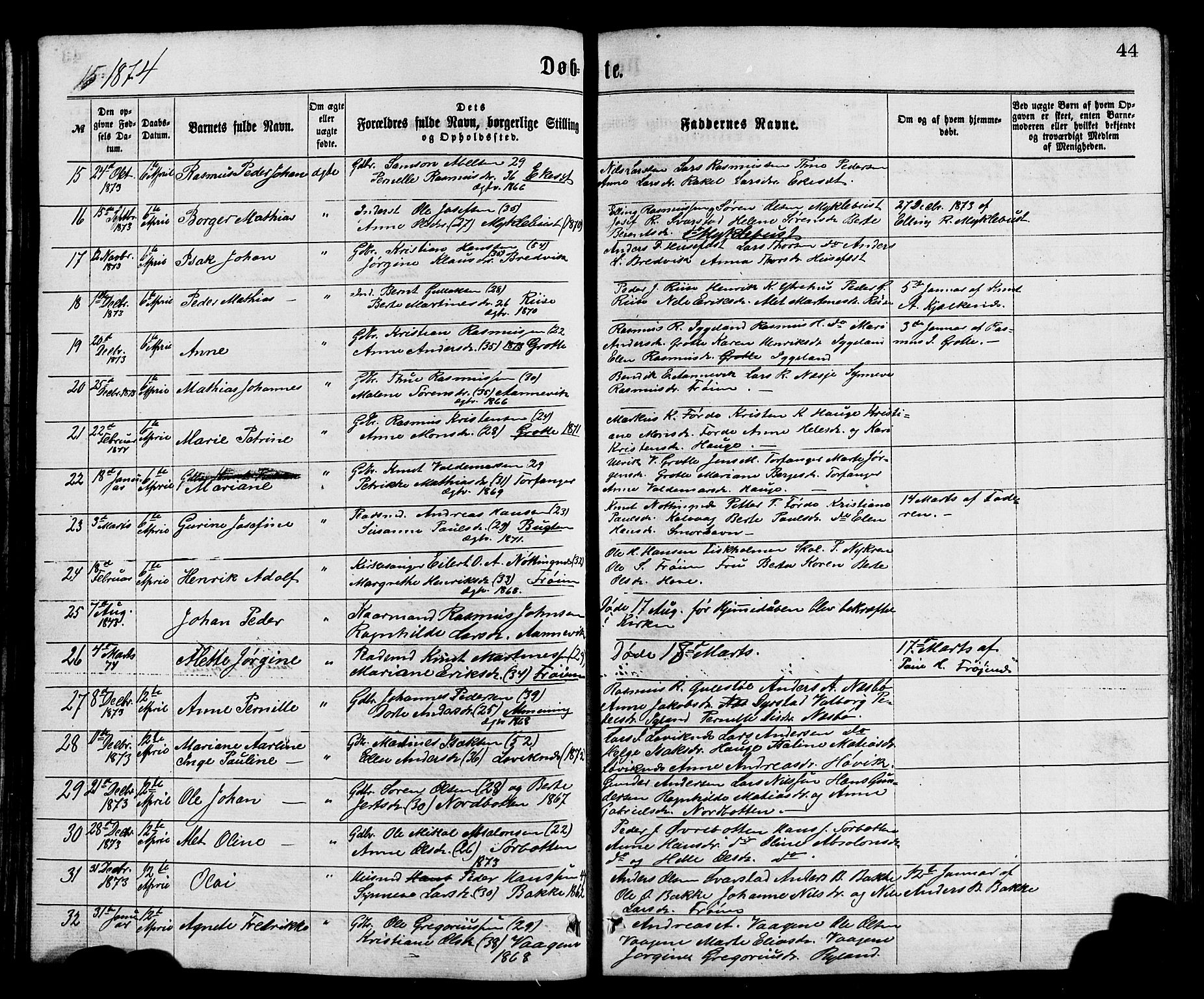 Bremanger sokneprestembete, SAB/A-82201/H/Hab/Haba/L0002: Parish register (copy) no. A 2, 1866-1889, p. 44