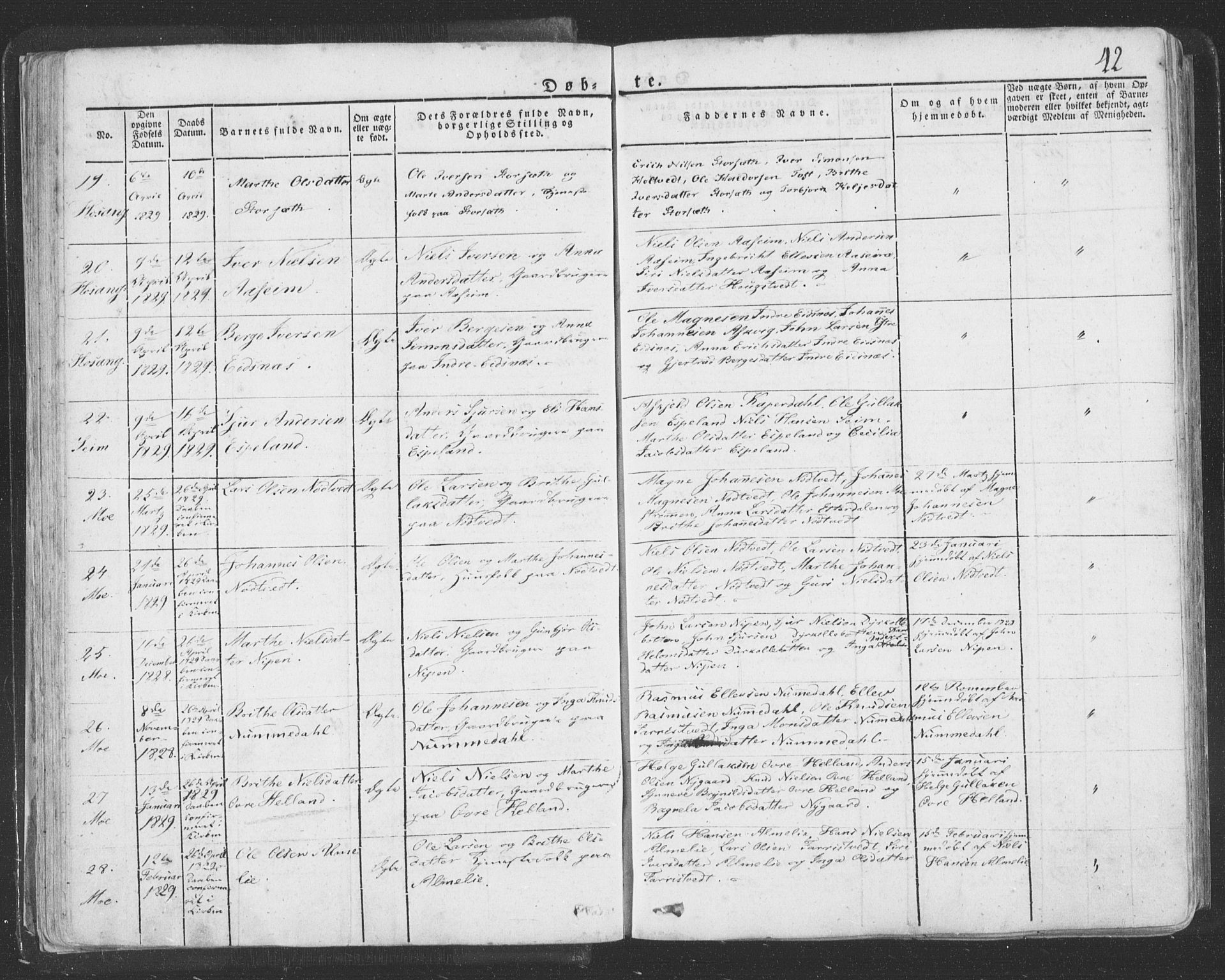 Hosanger sokneprestembete, AV/SAB-A-75801/H/Haa: Parish register (official) no. A 6, 1824-1835, p. 42