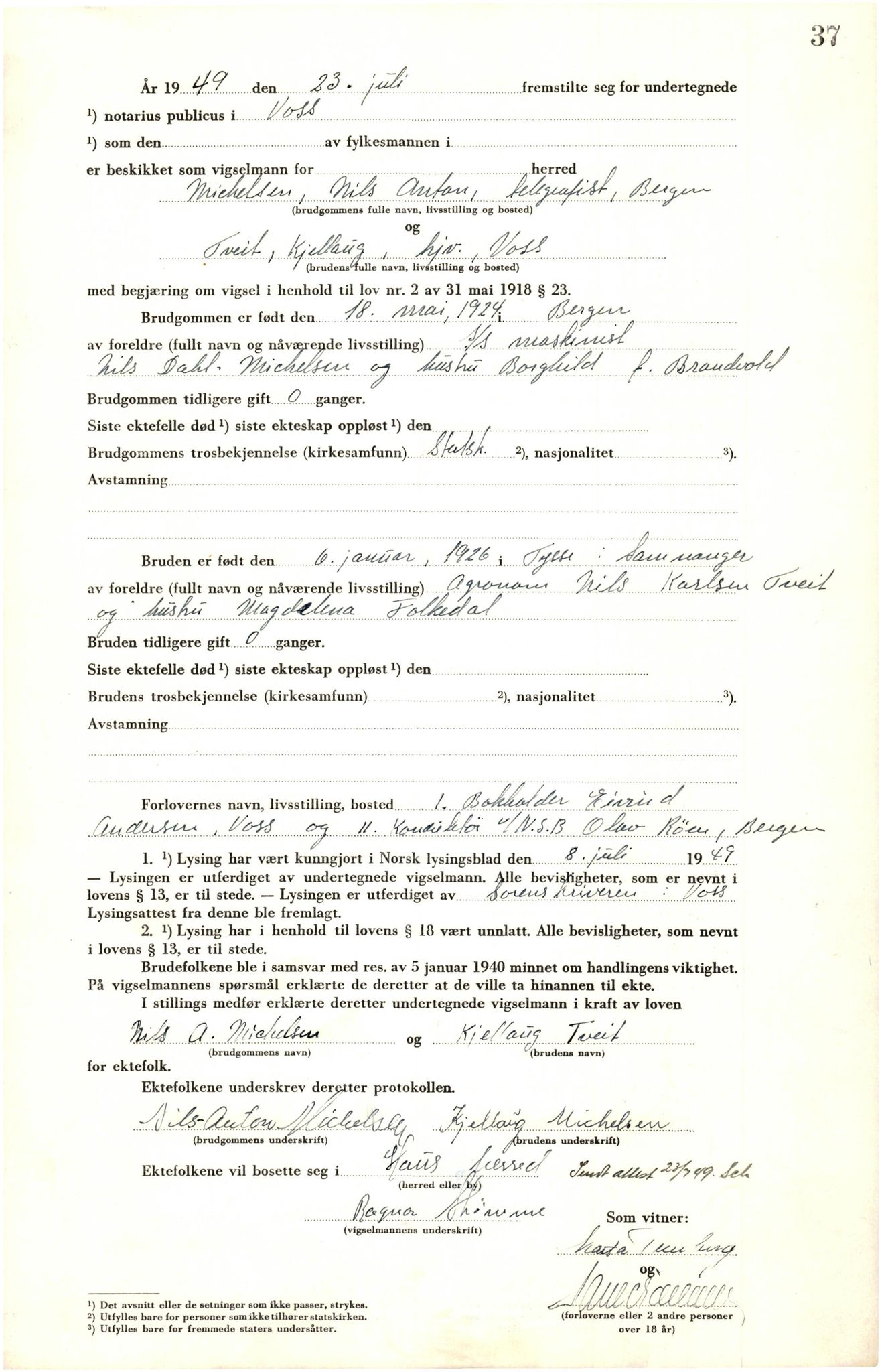 Voss sorenskrivar, AV/SAB-A-2701/M/Maa/L0003: Vigselbok, 1945-1969, p. 37