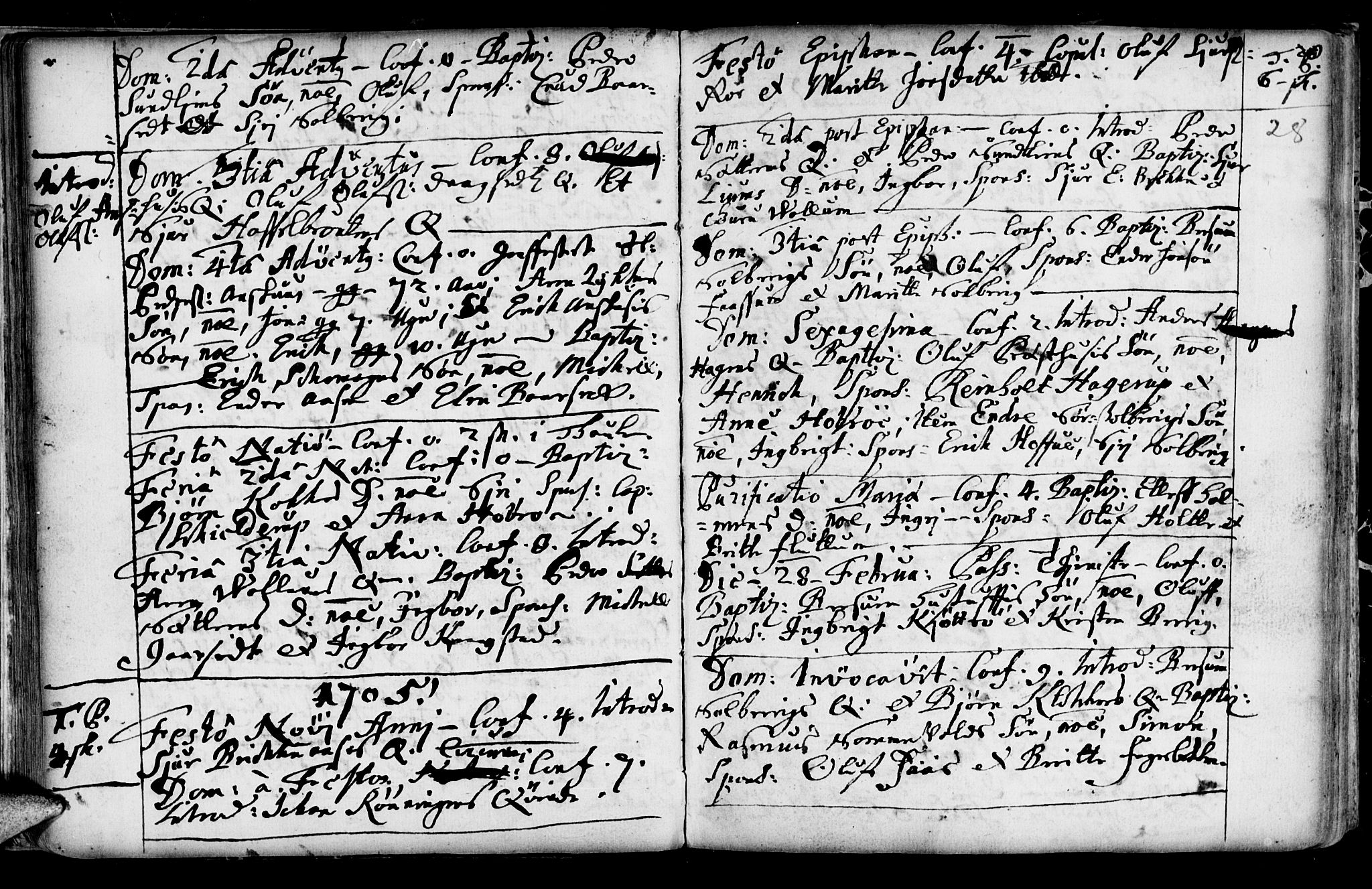 Ministerialprotokoller, klokkerbøker og fødselsregistre - Sør-Trøndelag, SAT/A-1456/689/L1036: Parish register (official) no. 689A01, 1696-1746, p. 28