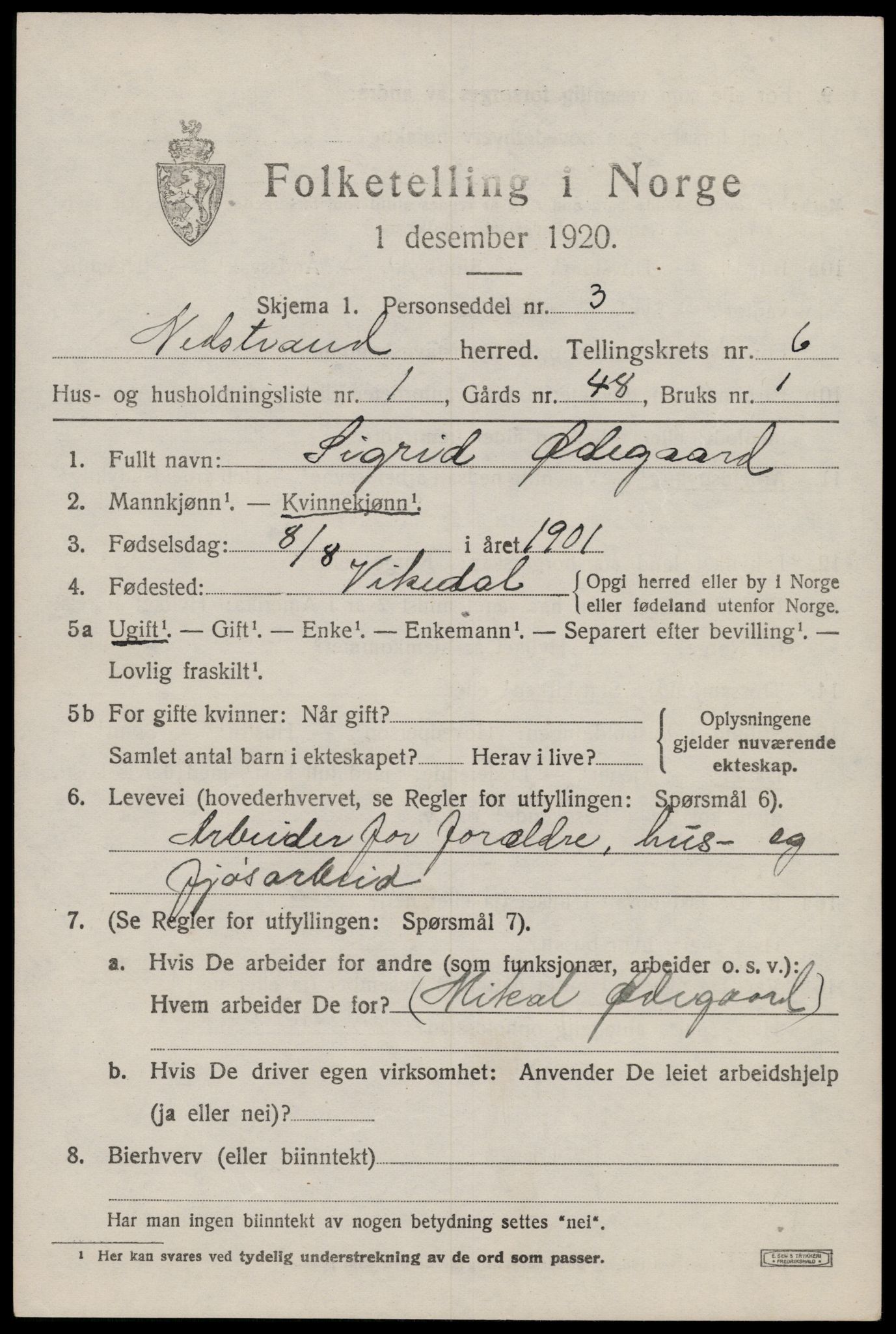 SAST, 1920 census for Nedstrand, 1920, p. 2477