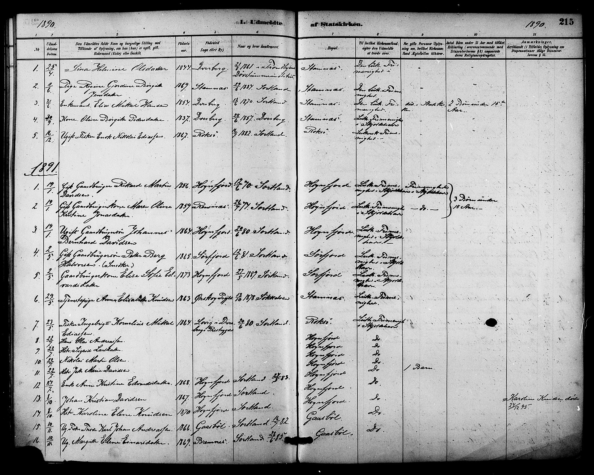 Ministerialprotokoller, klokkerbøker og fødselsregistre - Nordland, AV/SAT-A-1459/895/L1371: Parish register (official) no. 895A06, 1885-1894, p. 215