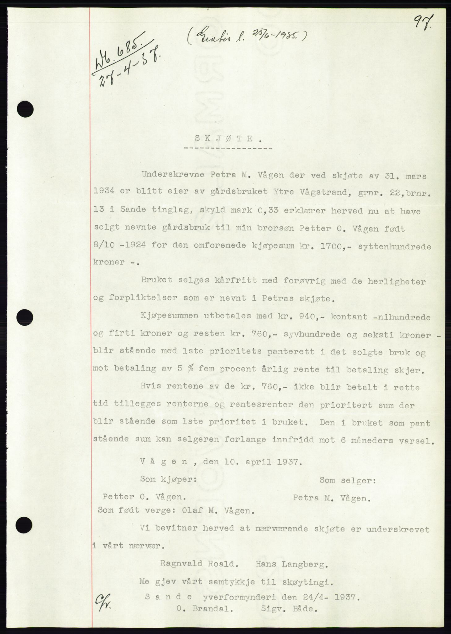 Søre Sunnmøre sorenskriveri, AV/SAT-A-4122/1/2/2C/L0063: Mortgage book no. 57, 1937-1937, Diary no: : 685/1937