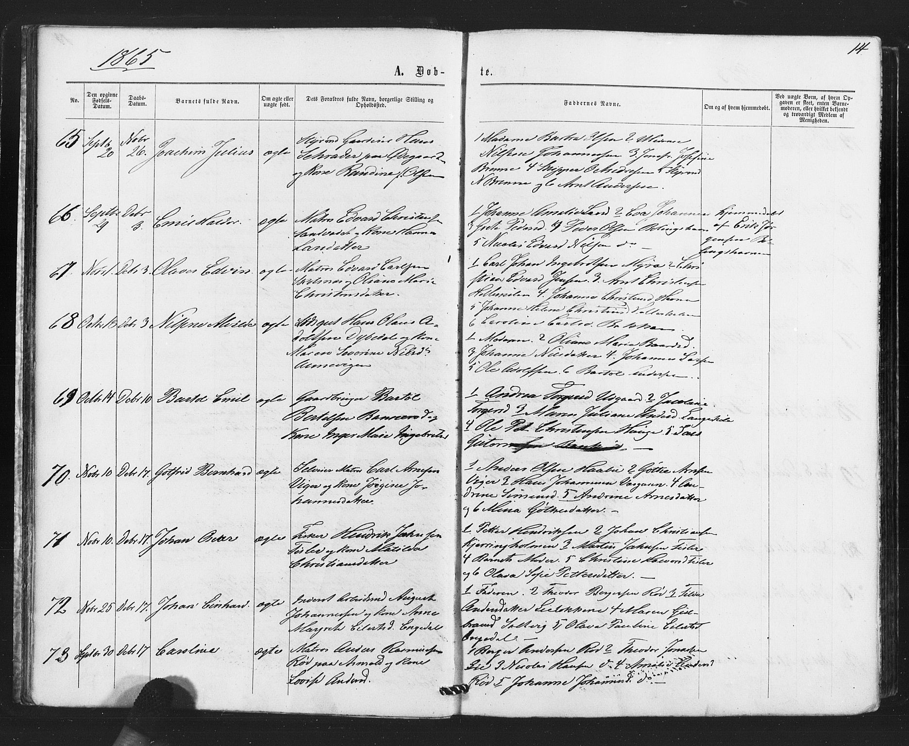 Hvaler prestekontor Kirkebøker, SAO/A-2001/F/Fa/L0007: Parish register (official) no. I 7, 1864-1878, p. 14
