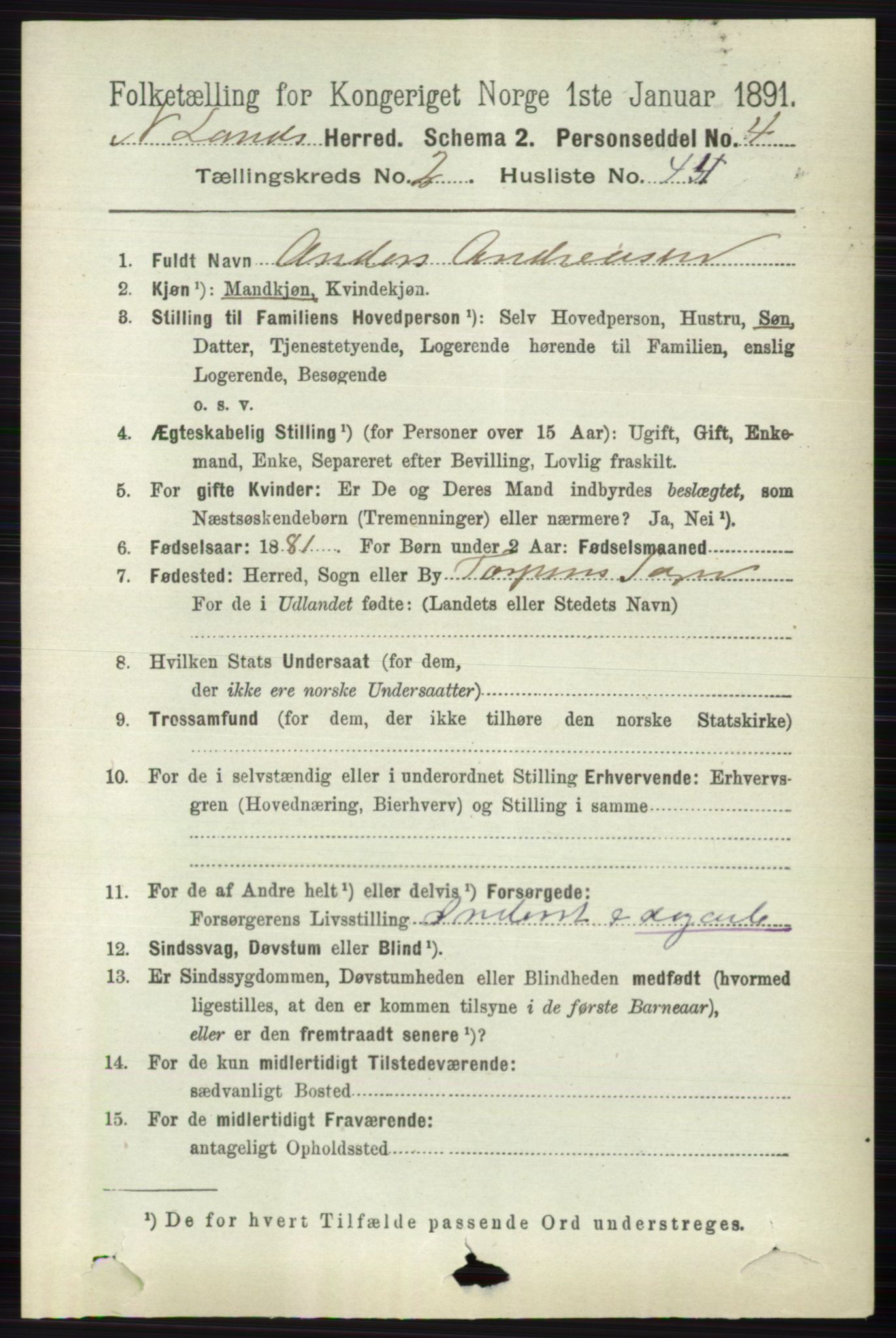 RA, 1891 census for 0538 Nordre Land, 1891, p. 867