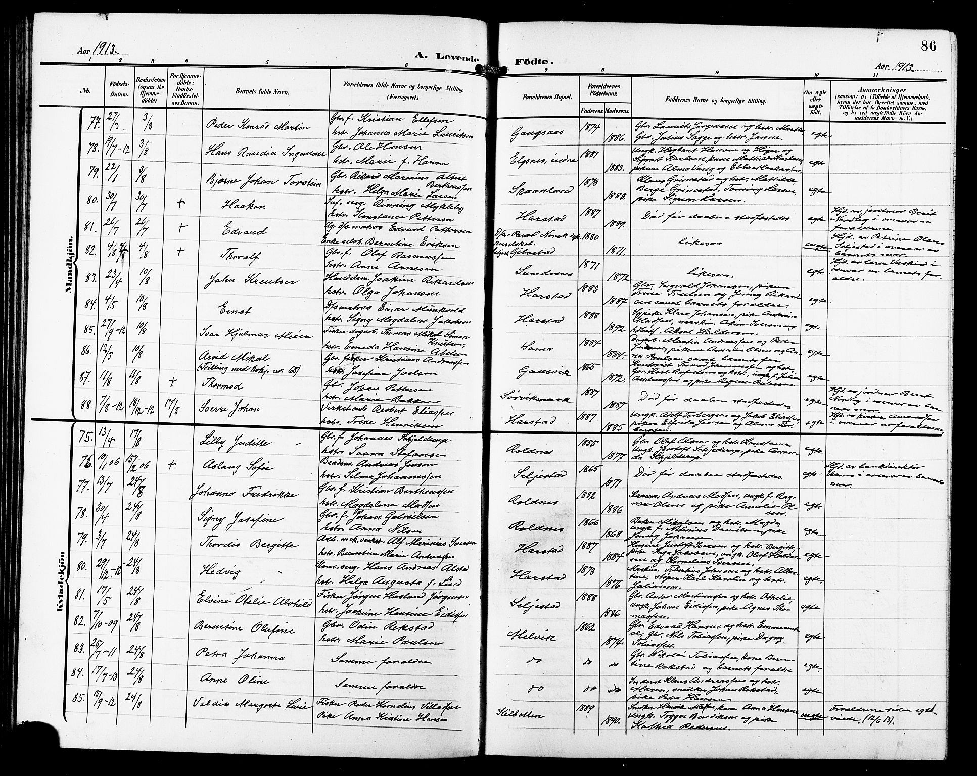 Trondenes sokneprestkontor, AV/SATØ-S-1319/H/Hb/L0012klokker: Parish register (copy) no. 12, 1907-1916, p. 86