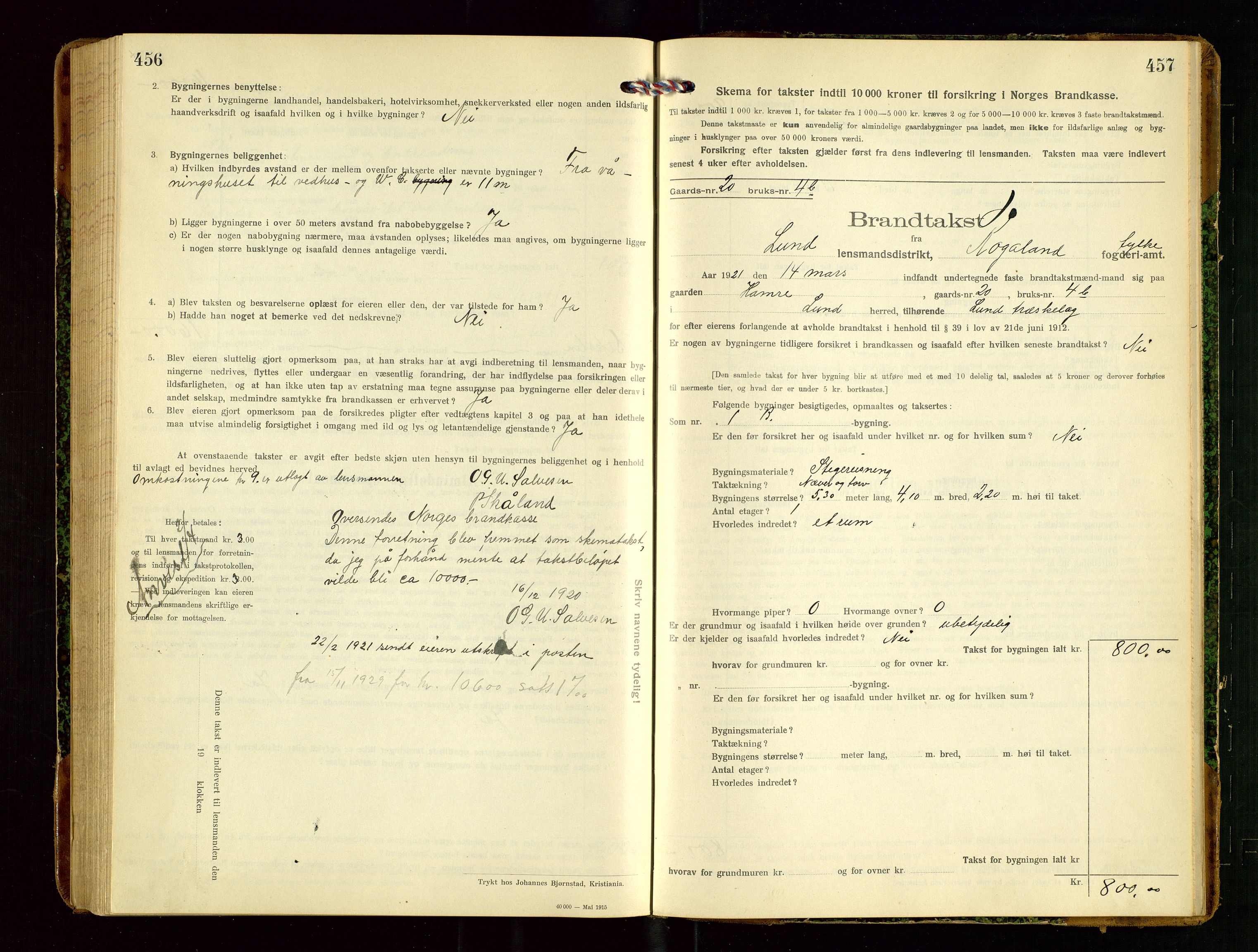 Lund lensmannskontor, SAST/A-100303/Gob/L0003: "Brandtakstprotokol", 1918-1921, p. 456-457