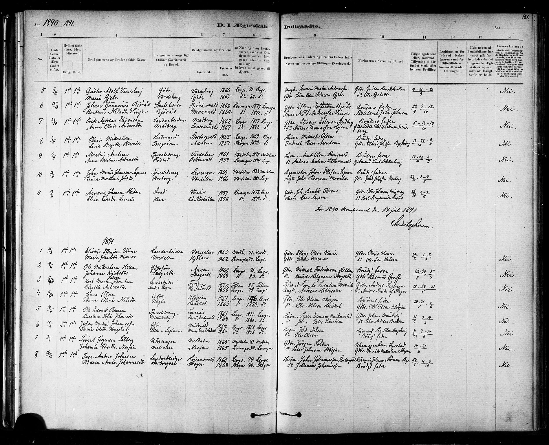 Ministerialprotokoller, klokkerbøker og fødselsregistre - Nord-Trøndelag, AV/SAT-A-1458/721/L0208: Parish register (copy) no. 721C01, 1880-1917, p. 181