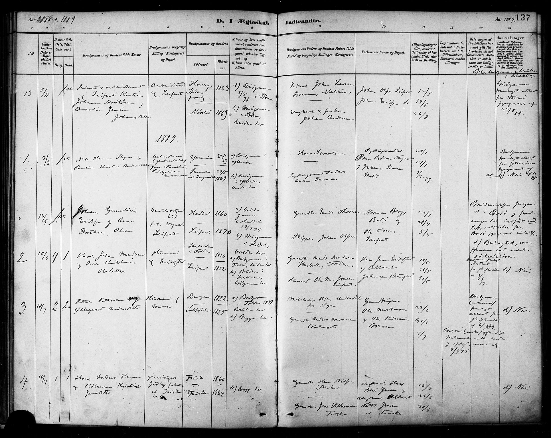 Ministerialprotokoller, klokkerbøker og fødselsregistre - Nordland, AV/SAT-A-1459/849/L0689: Parish register (official) no. 849A01, 1879-1889, p. 137