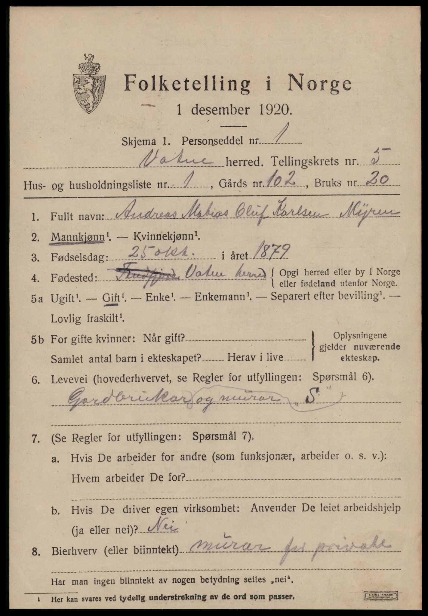 SAT, 1920 census for Vatne, 1920, p. 2152