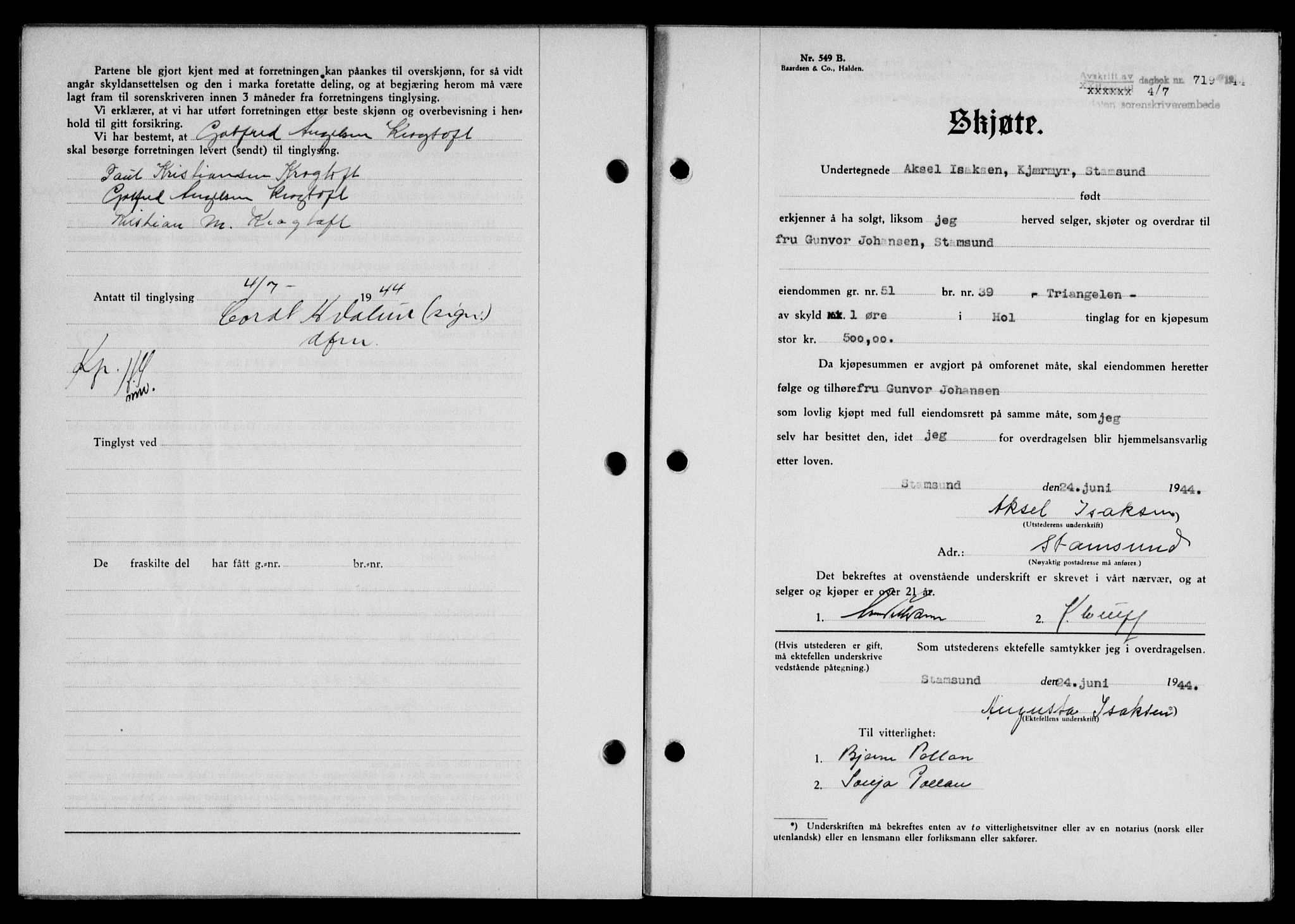 Lofoten sorenskriveri, SAT/A-0017/1/2/2C/L0012a: Mortgage book no. 12a, 1943-1944, Diary no: : 719/1944