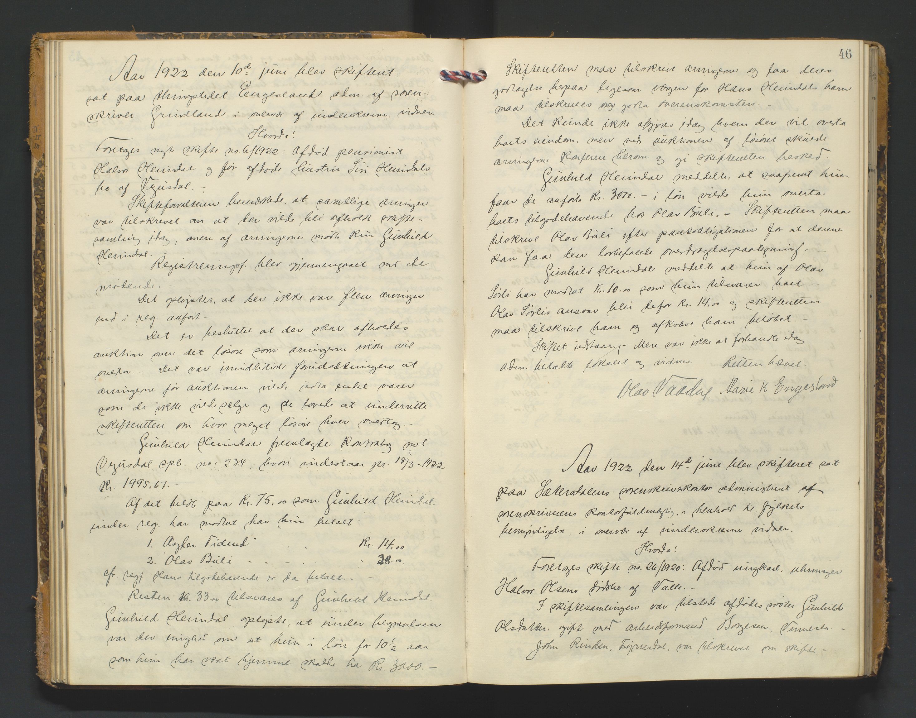 Setesdal sorenskriveri, AV/SAK-1221-0011/H/Hc/L0040: Skifteforhandlingsprotokoll nr 12, 1920-1927, p. 46