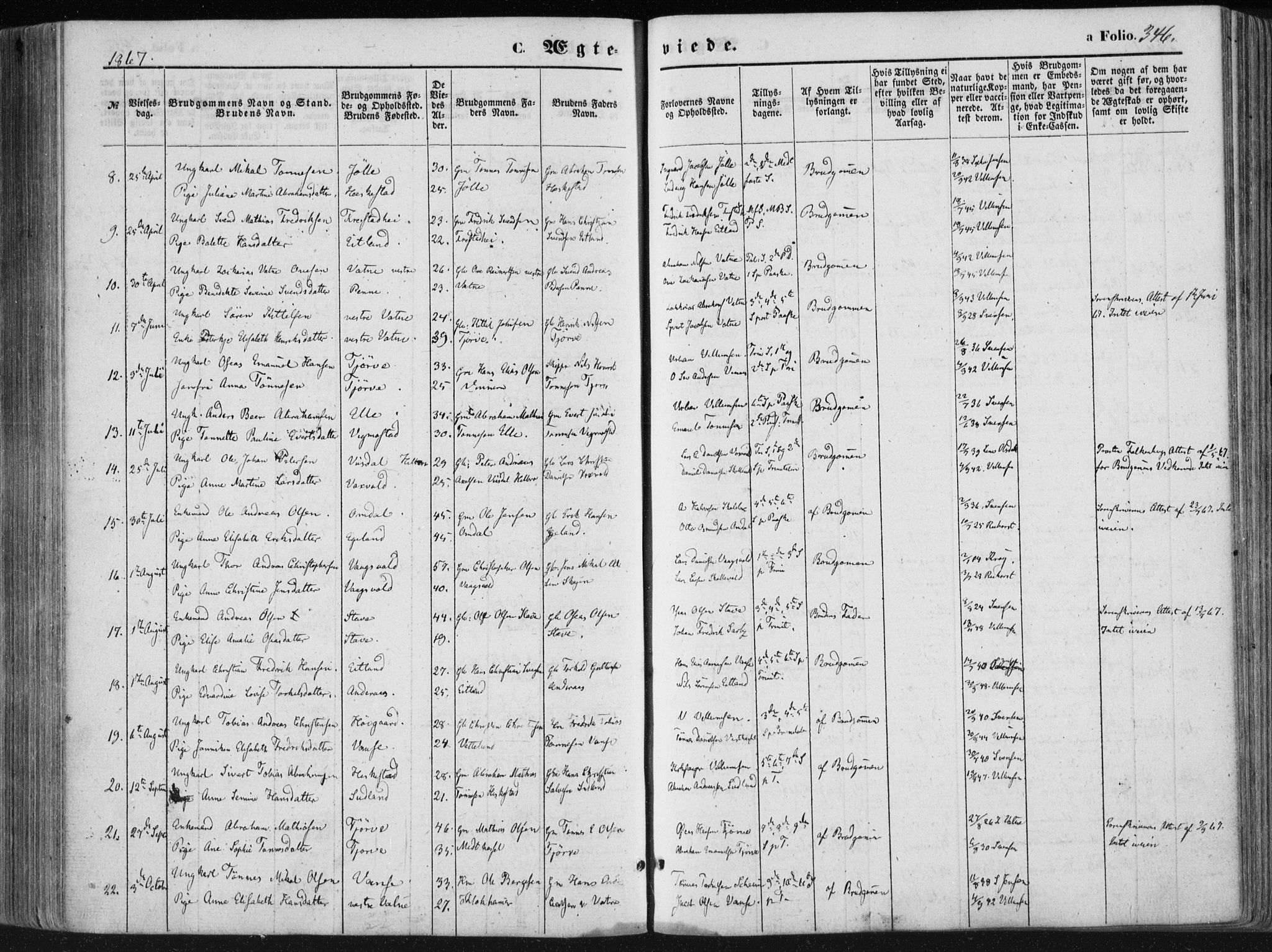 Lista sokneprestkontor, AV/SAK-1111-0027/F/Fa/L0011: Parish register (official) no. A 11, 1861-1878, p. 346