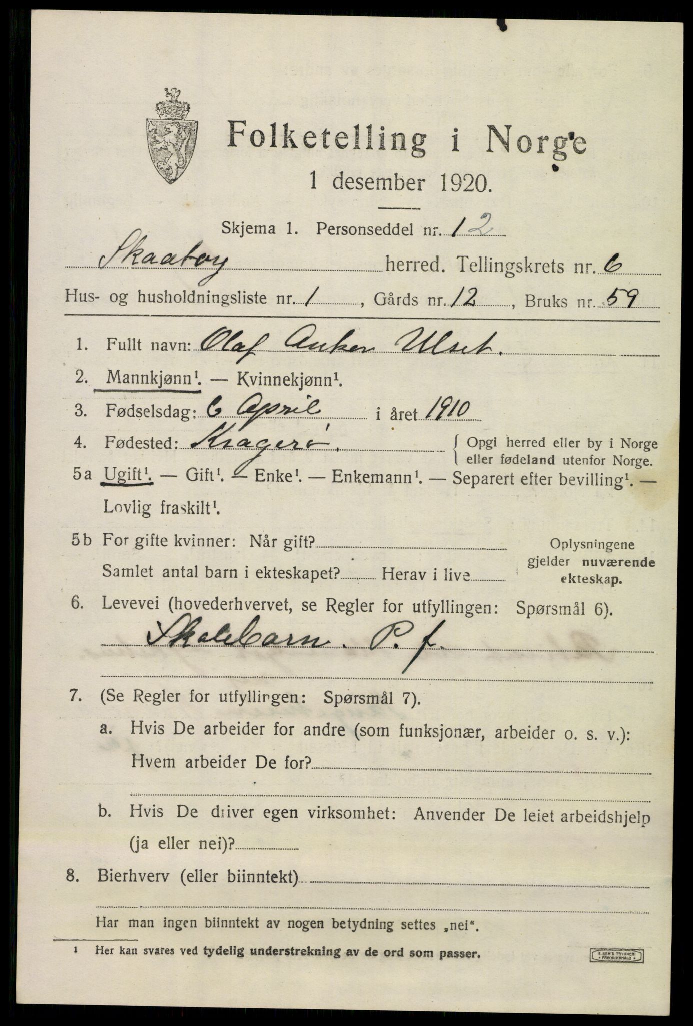 SAKO, 1920 census for Skåtøy, 1920, p. 4718