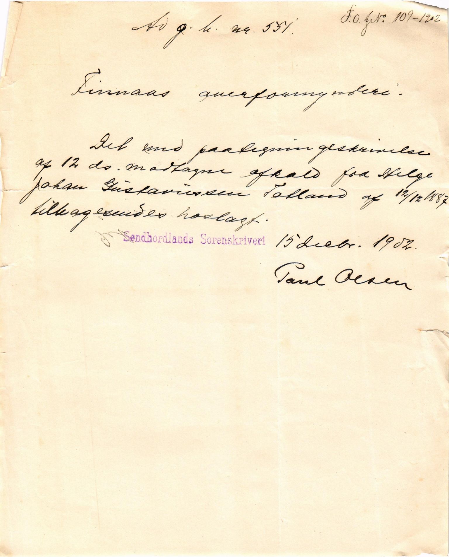 Finnaas kommune. Overformynderiet, IKAH/1218a-812/D/Da/Daa/L0002/0002: Kronologisk ordna korrespondanse / Kronologisk ordna korrespondanse, 1901-1904, p. 102