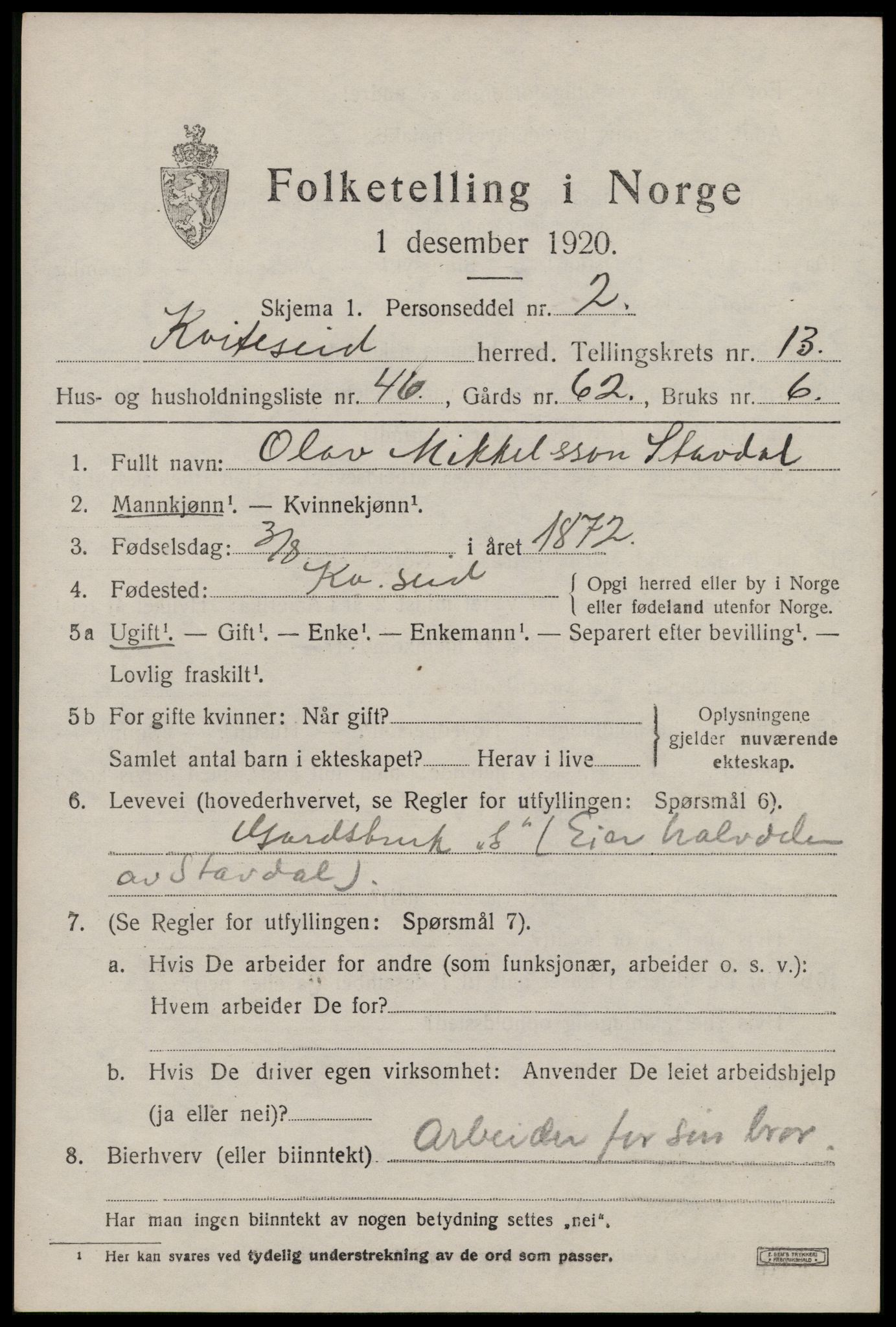 SAKO, 1920 census for Kviteseid, 1920, p. 6681