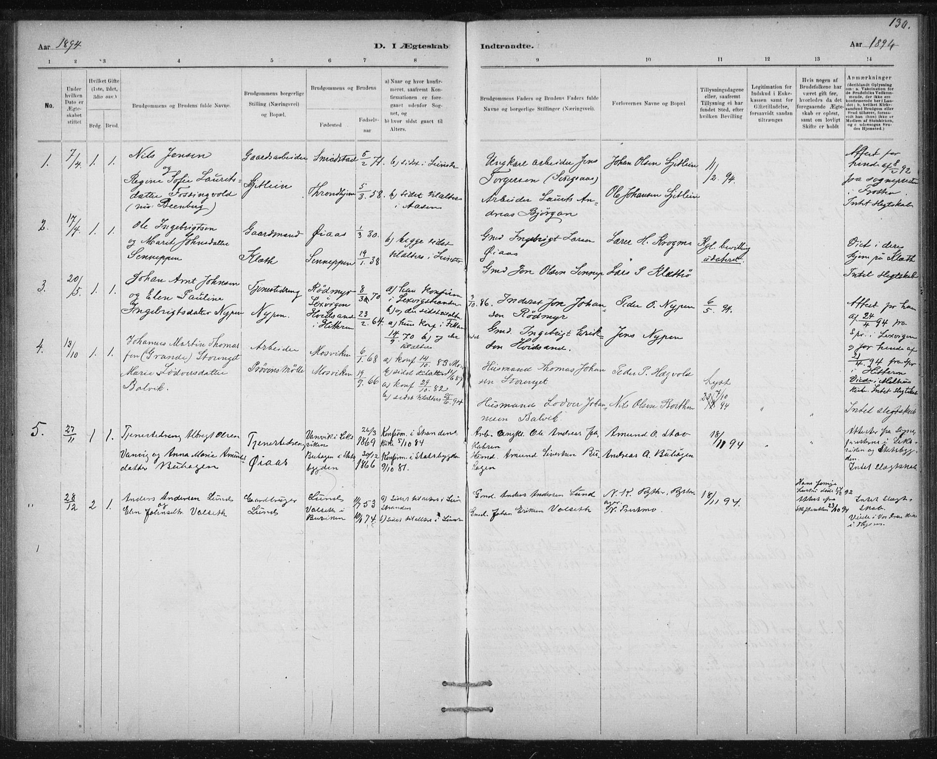 Ministerialprotokoller, klokkerbøker og fødselsregistre - Sør-Trøndelag, SAT/A-1456/613/L0392: Parish register (official) no. 613A01, 1887-1906, p. 130