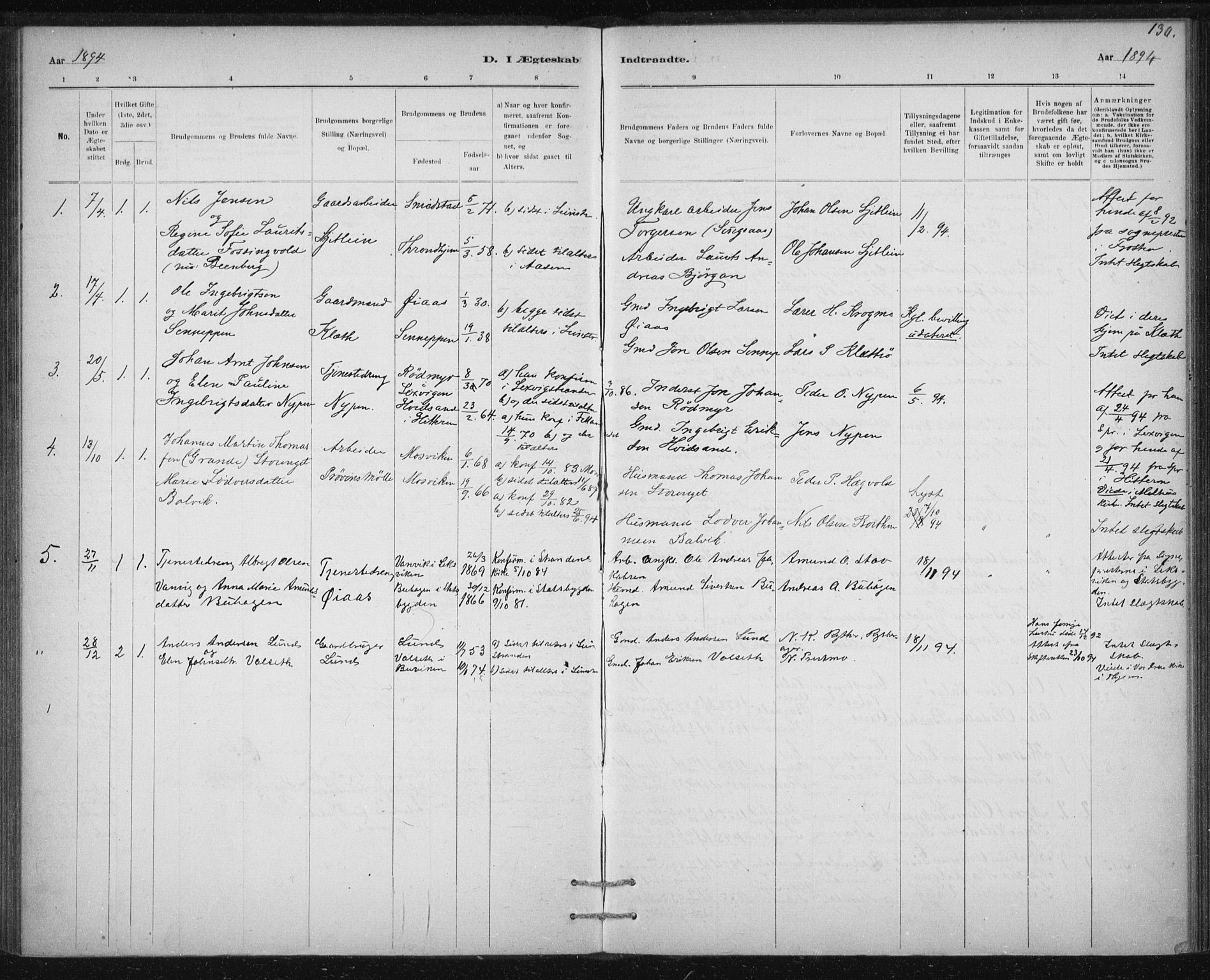Ministerialprotokoller, klokkerbøker og fødselsregistre - Sør-Trøndelag, AV/SAT-A-1456/613/L0392: Parish register (official) no. 613A01, 1887-1906, p. 130