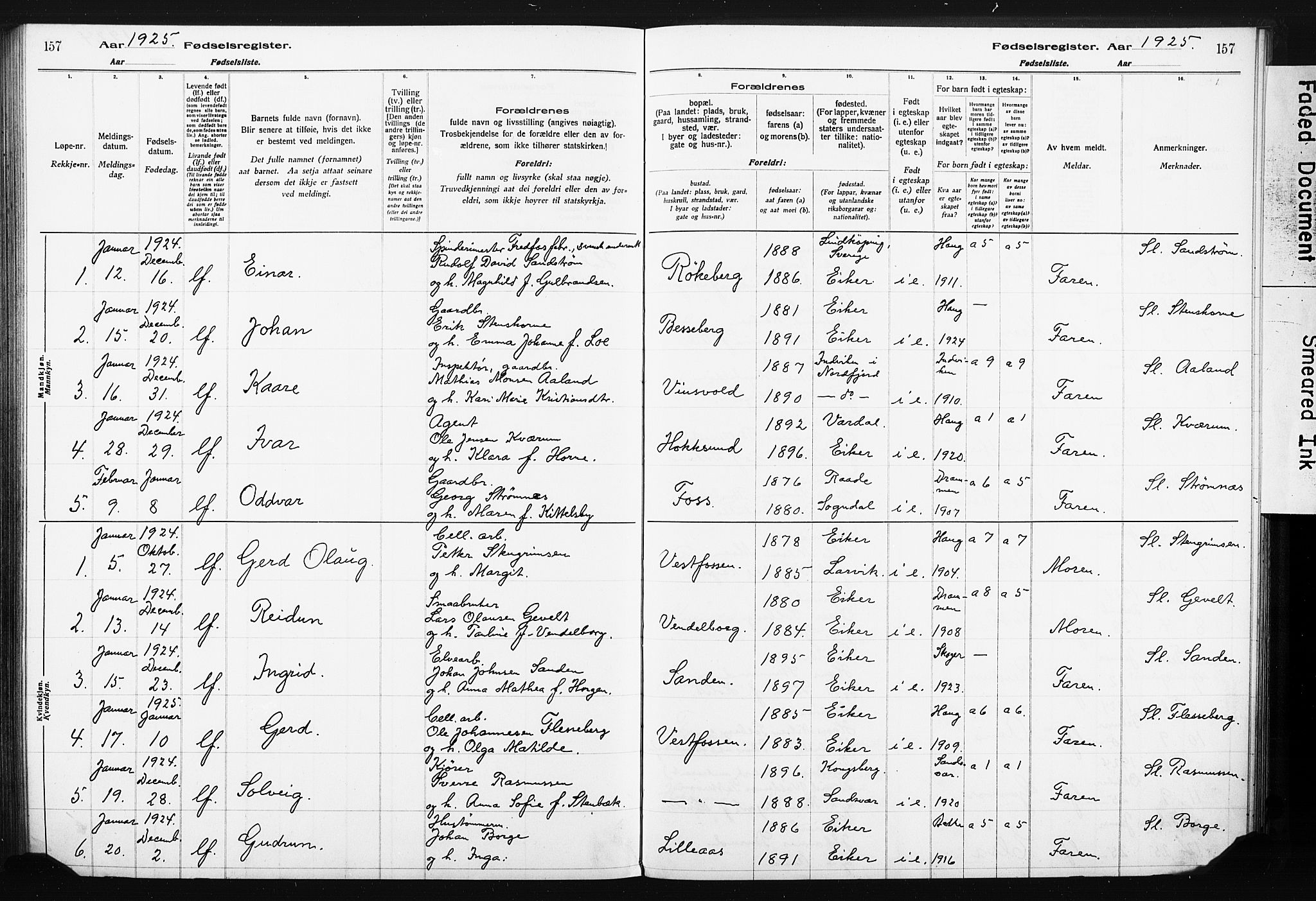Eiker kirkebøker, AV/SAKO-A-4/J/Ja/L0001: Birth register no. I 1, 1916-1927, p. 157
