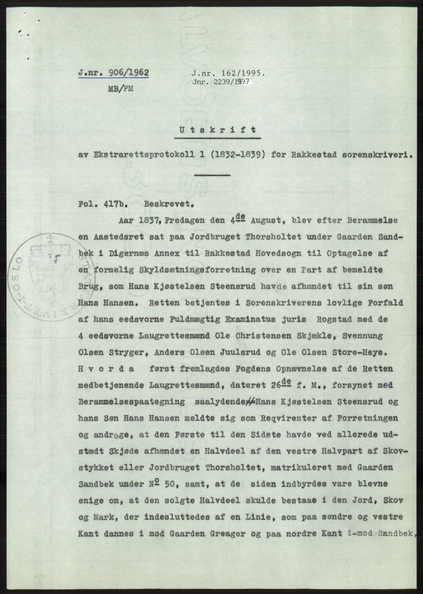 Statsarkivet i Oslo, AV/SAO-A-10621/Z/Zd/L0016: Avskrifter, j.nr 706-1878/1962, 1962, p. 108