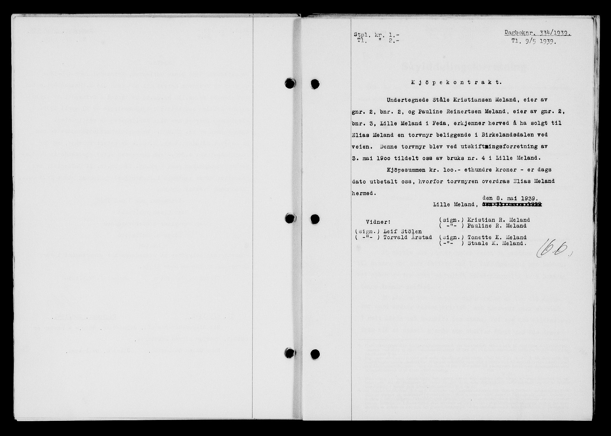 Flekkefjord sorenskriveri, AV/SAK-1221-0001/G/Gb/Gba/L0055: Mortgage book no. A-3, 1939-1939, Diary no: : 334/1939