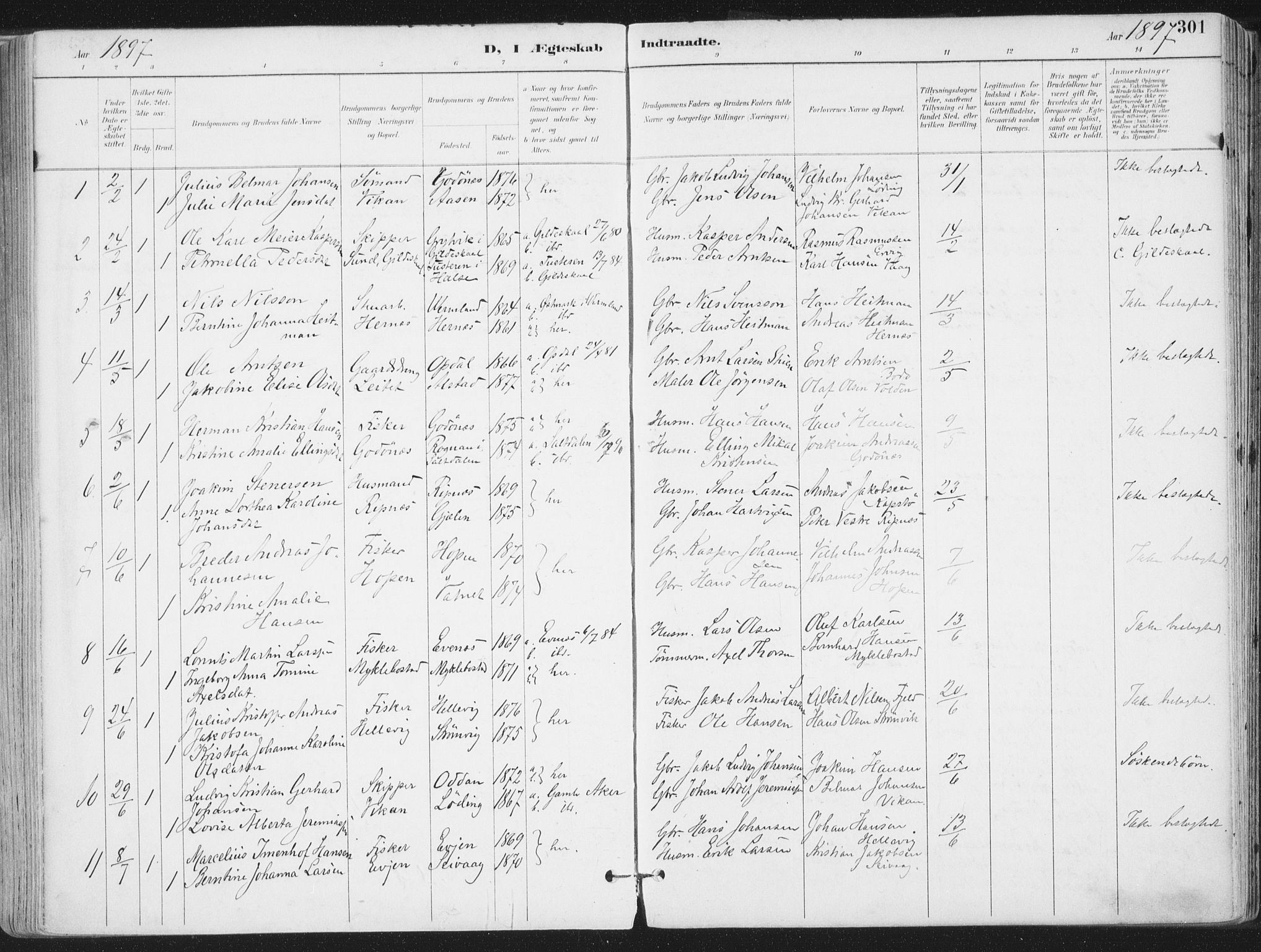 Ministerialprotokoller, klokkerbøker og fødselsregistre - Nordland, SAT/A-1459/802/L0055: Parish register (official) no. 802A02, 1894-1915, p. 301