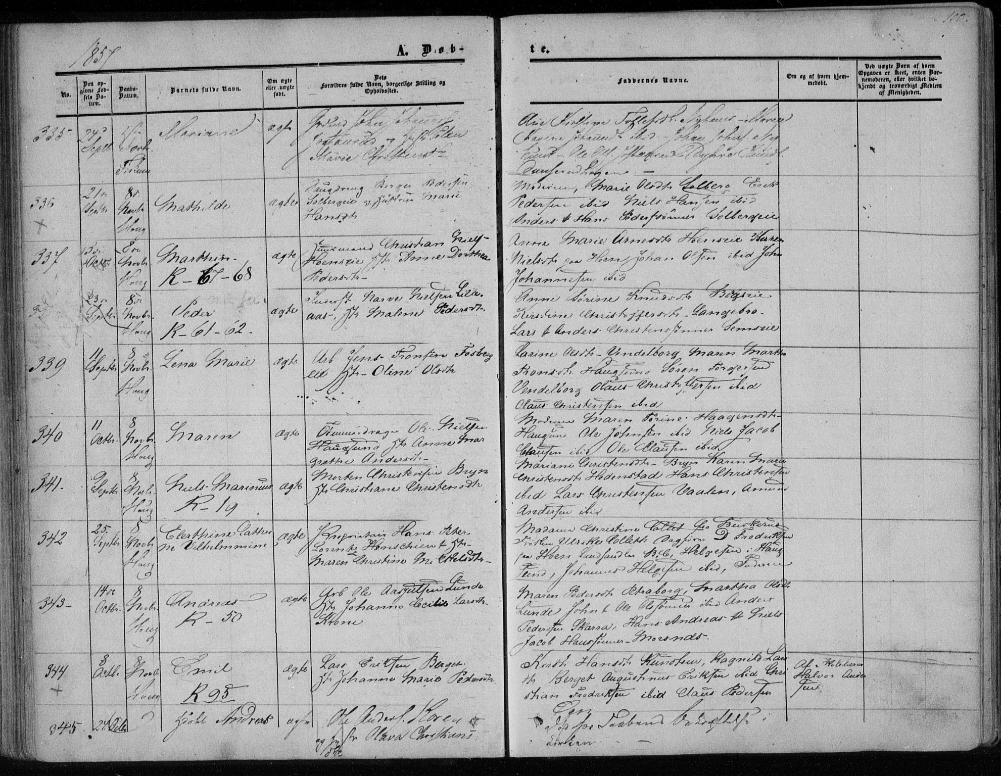 Eiker kirkebøker, AV/SAKO-A-4/F/Fa/L0015a: Parish register (official) no. I 15A, 1854-1860, p. 100