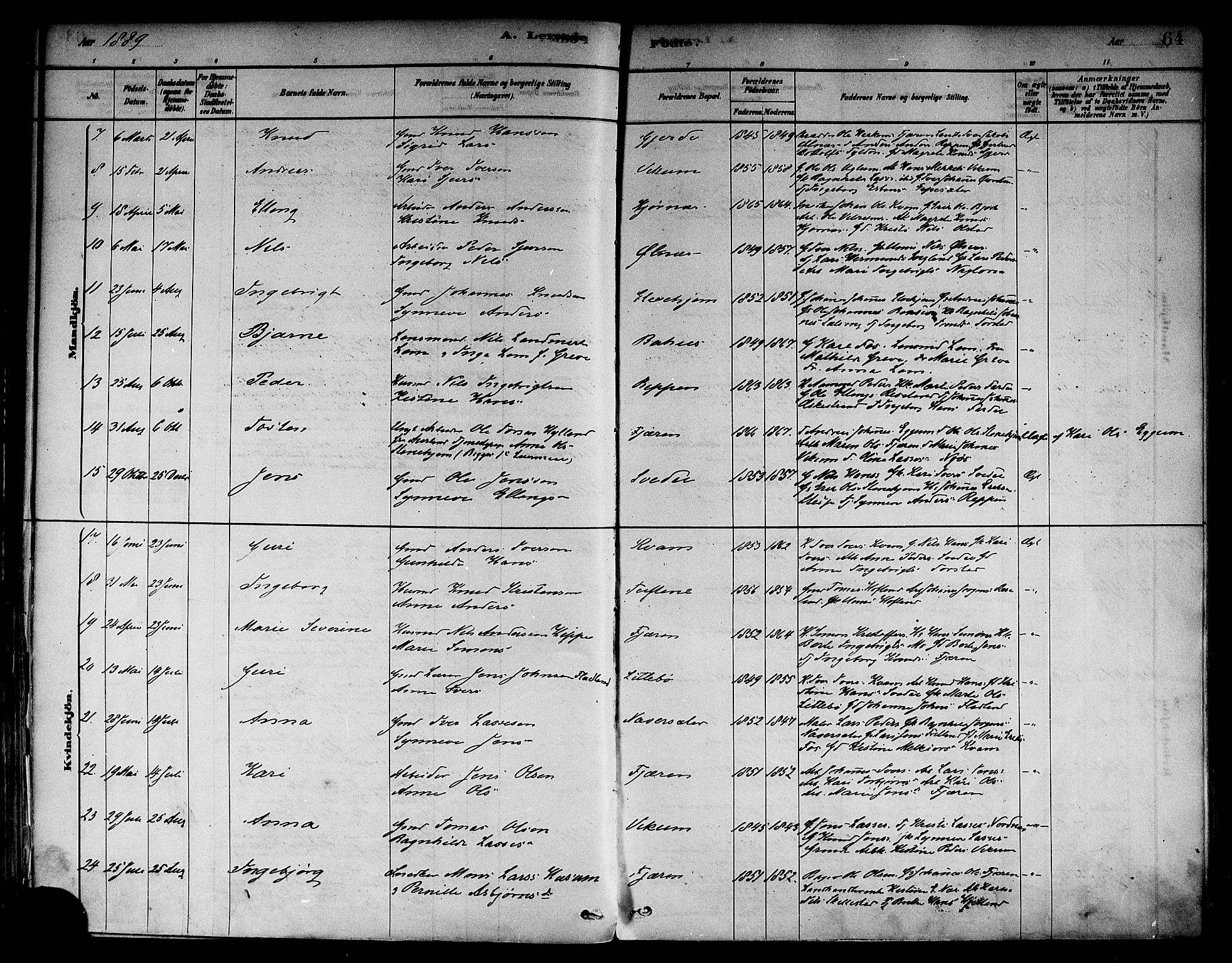 Sogndal sokneprestembete, AV/SAB-A-81301/H/Haa/Haab/L0001: Parish register (official) no. B 1, 1878-1899, p. 64