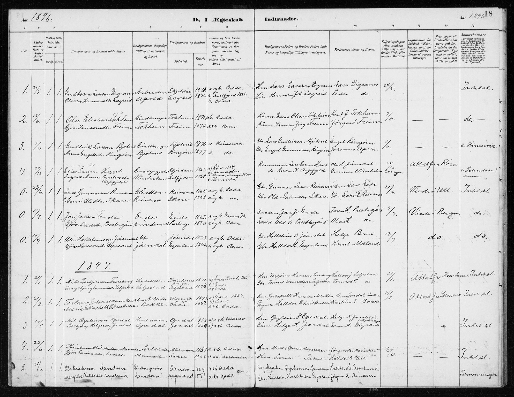 Odda Sokneprestembete, SAB/A-77201/H/Haa: Parish register (official) no. D 1, 1887-1914, p. 18